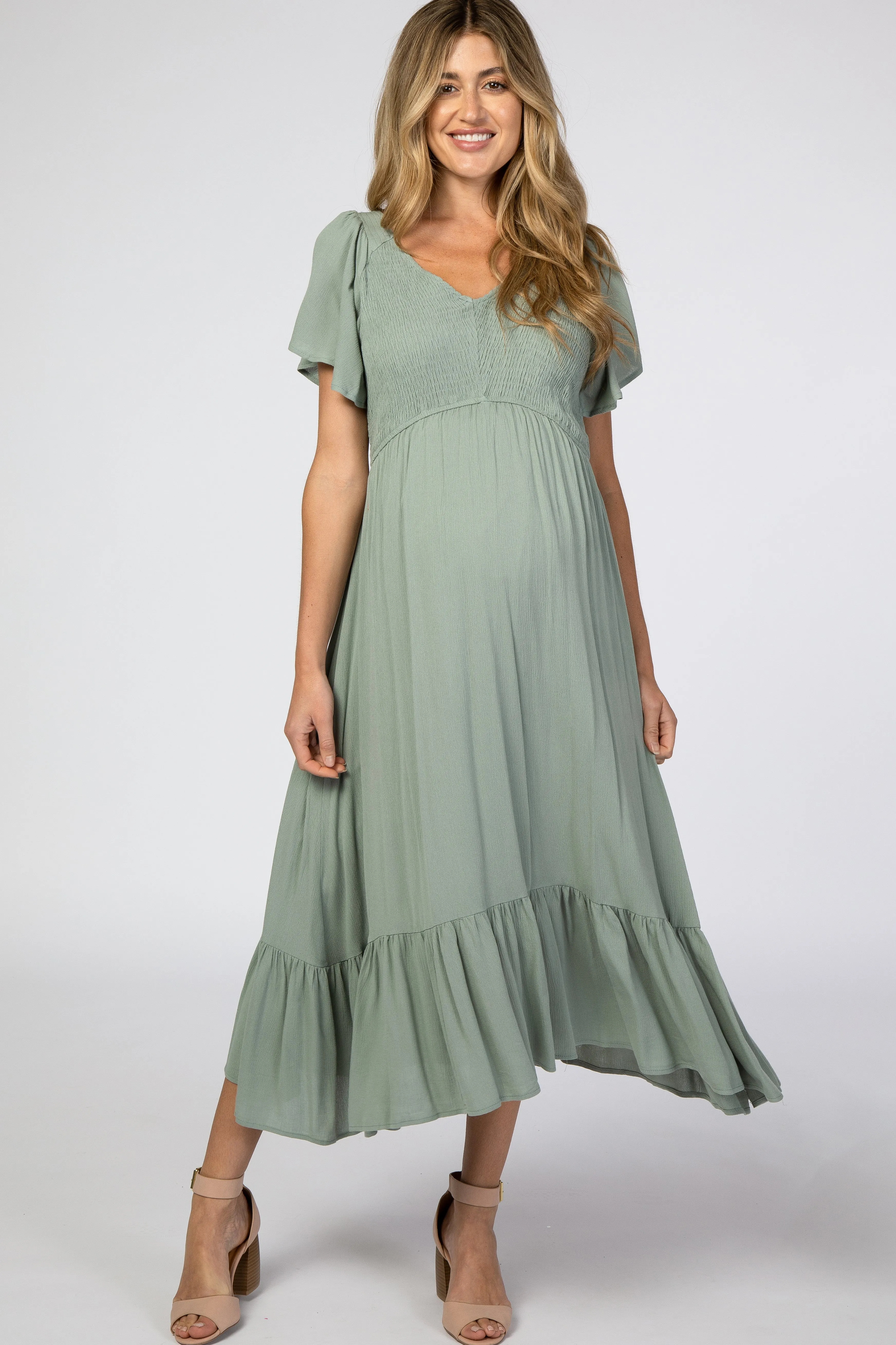 Light Olive Smocked V-Neck Maternity Midi Dress sold by Pinkblush