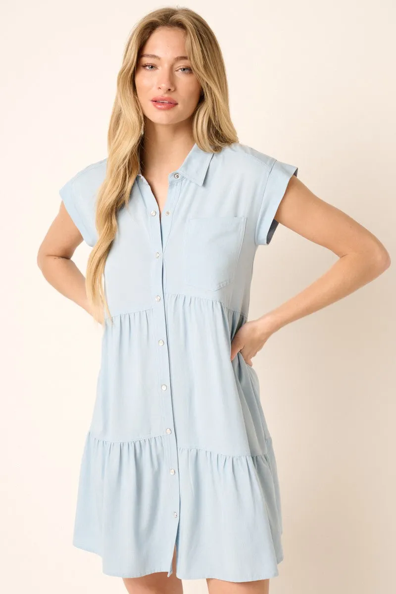 Denim Ruffle Tier Shirt Dress sold by Pinkblush