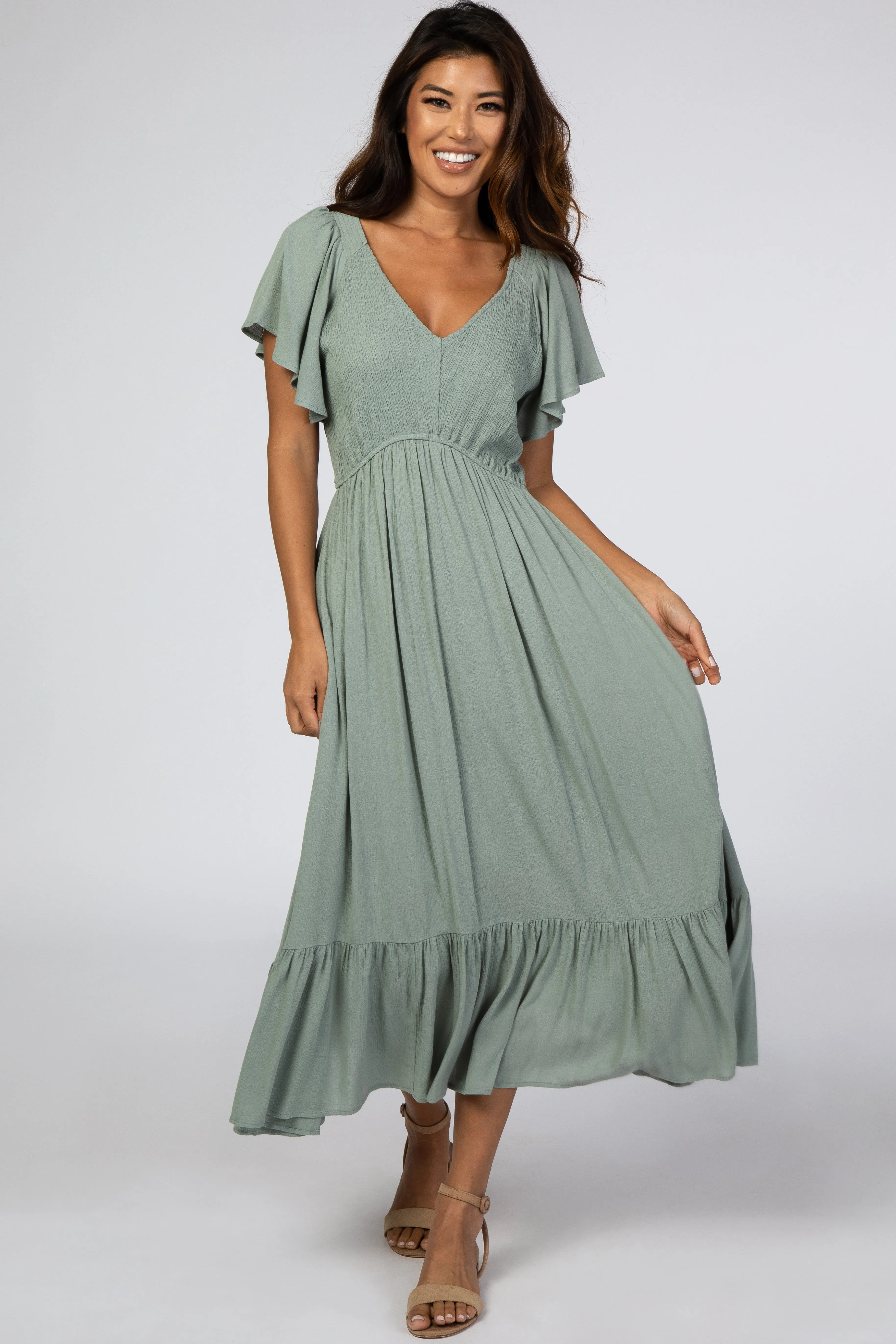 Light Olive Smocked V-Neck Maternity Midi Dress sold by Pinkblush product image thumbnail 5