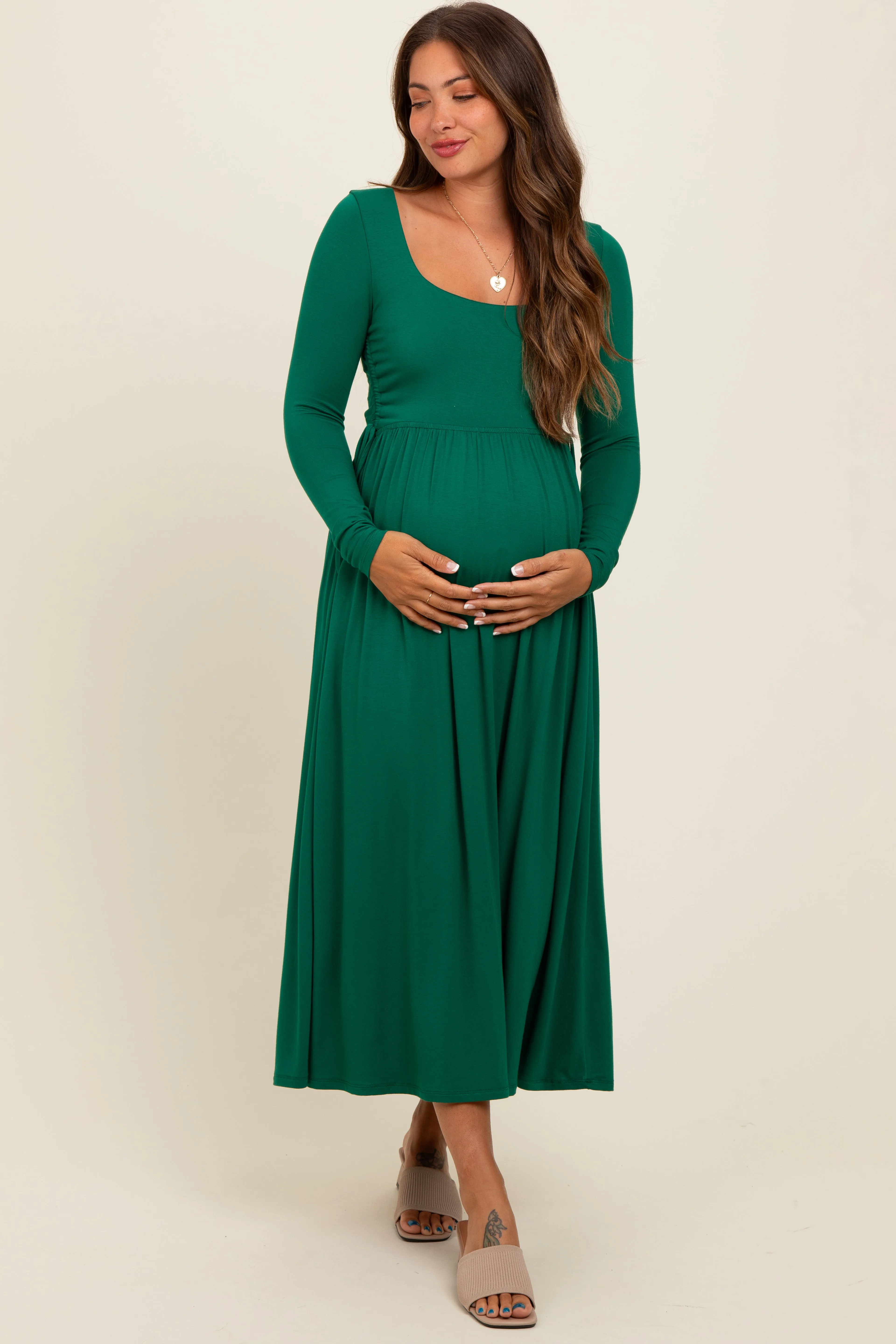 Forest Green Square Neck Long Sleeve Maternity Midi Dress sold by Pinkblush product image thumbnail 2