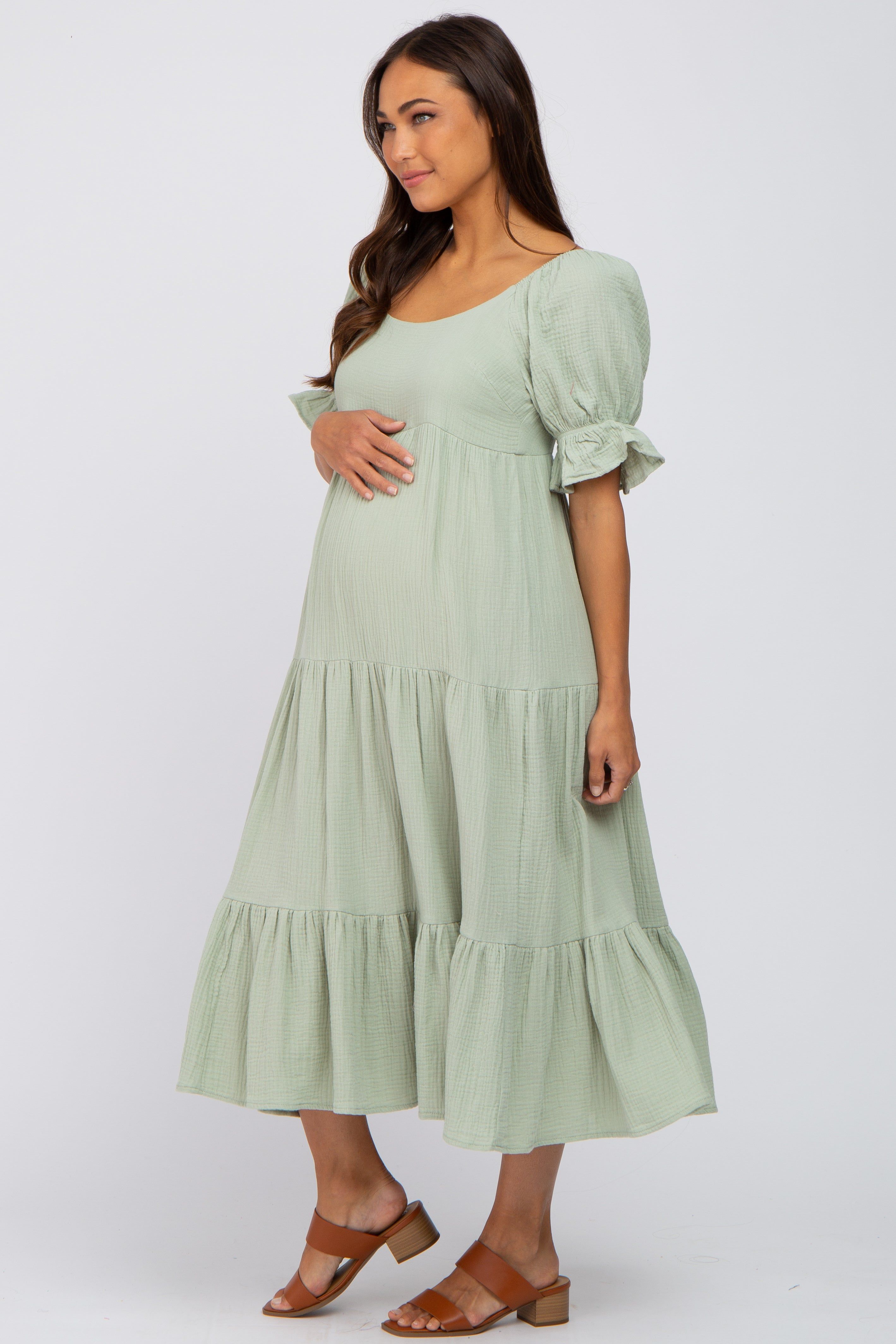Mint Green Puff Sleeve Tiered Maternity Midi Dress sold by Pinkblush product image thumbnail 2