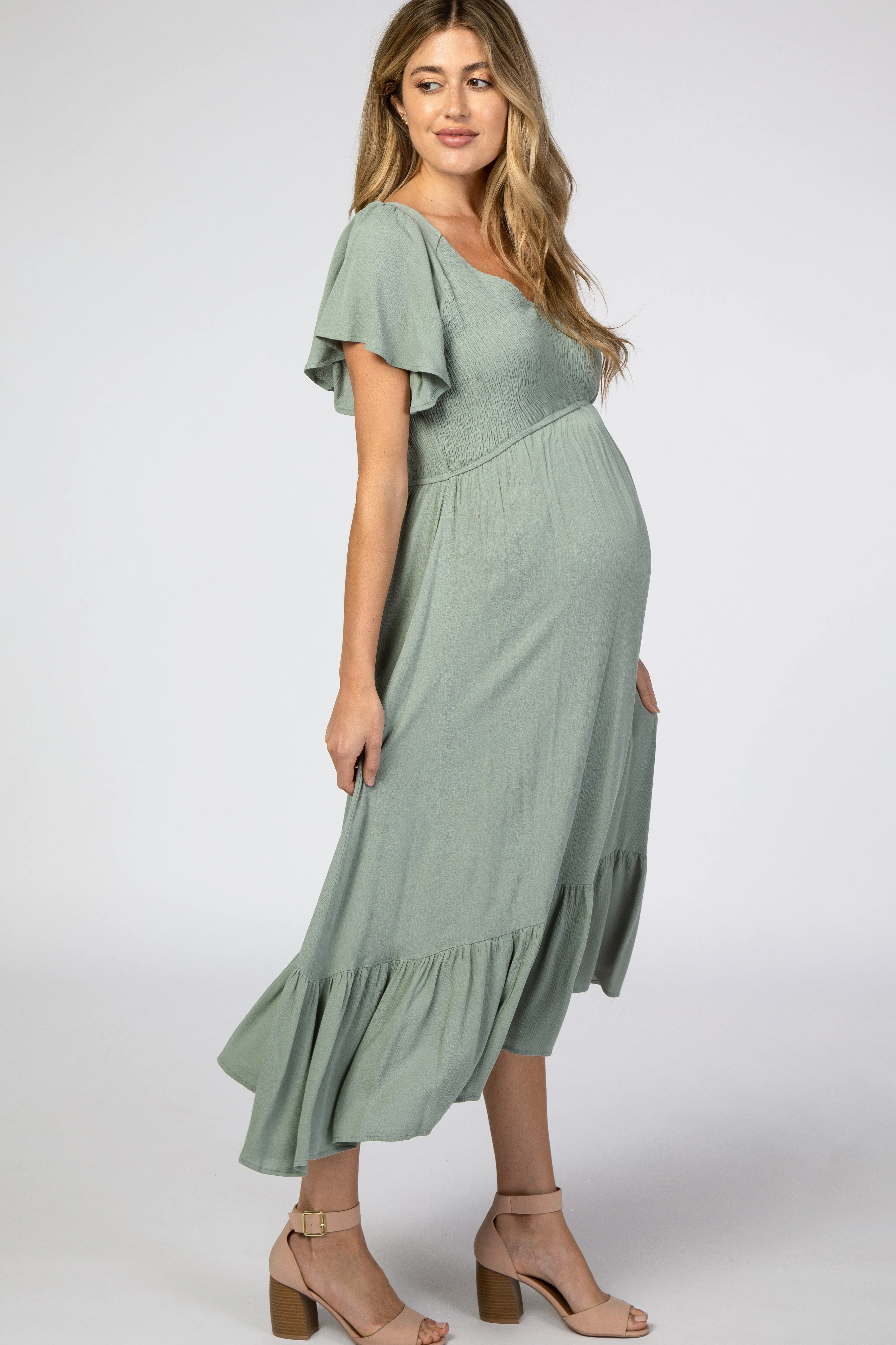 Light Olive Smocked V-Neck Maternity Midi Dress sold by Pinkblush product image thumbnail 2
