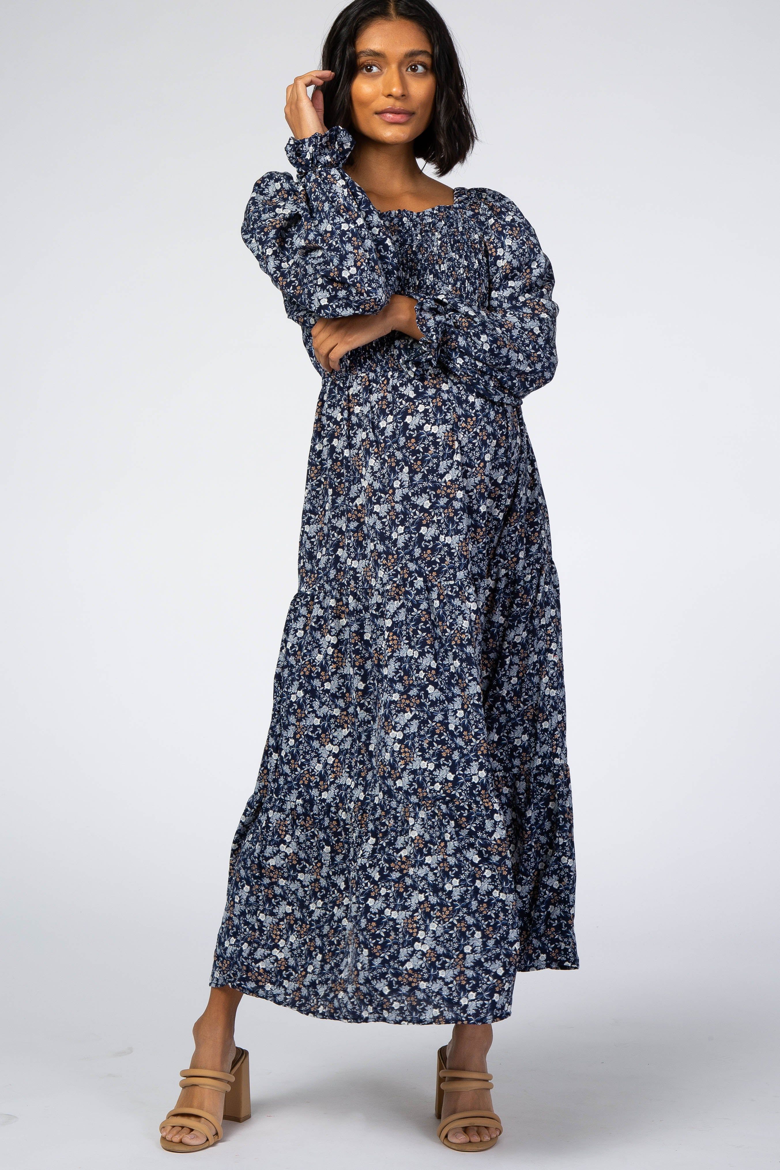 Navy Blue Floral Square Neck Smocked Maternity Maxi Dress sold by Pinkblush product image thumbnail 2