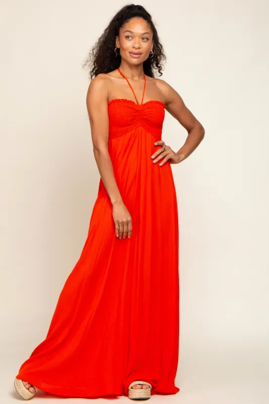 Orange Smocked Halter Maxi Dress sold by Pinkblush