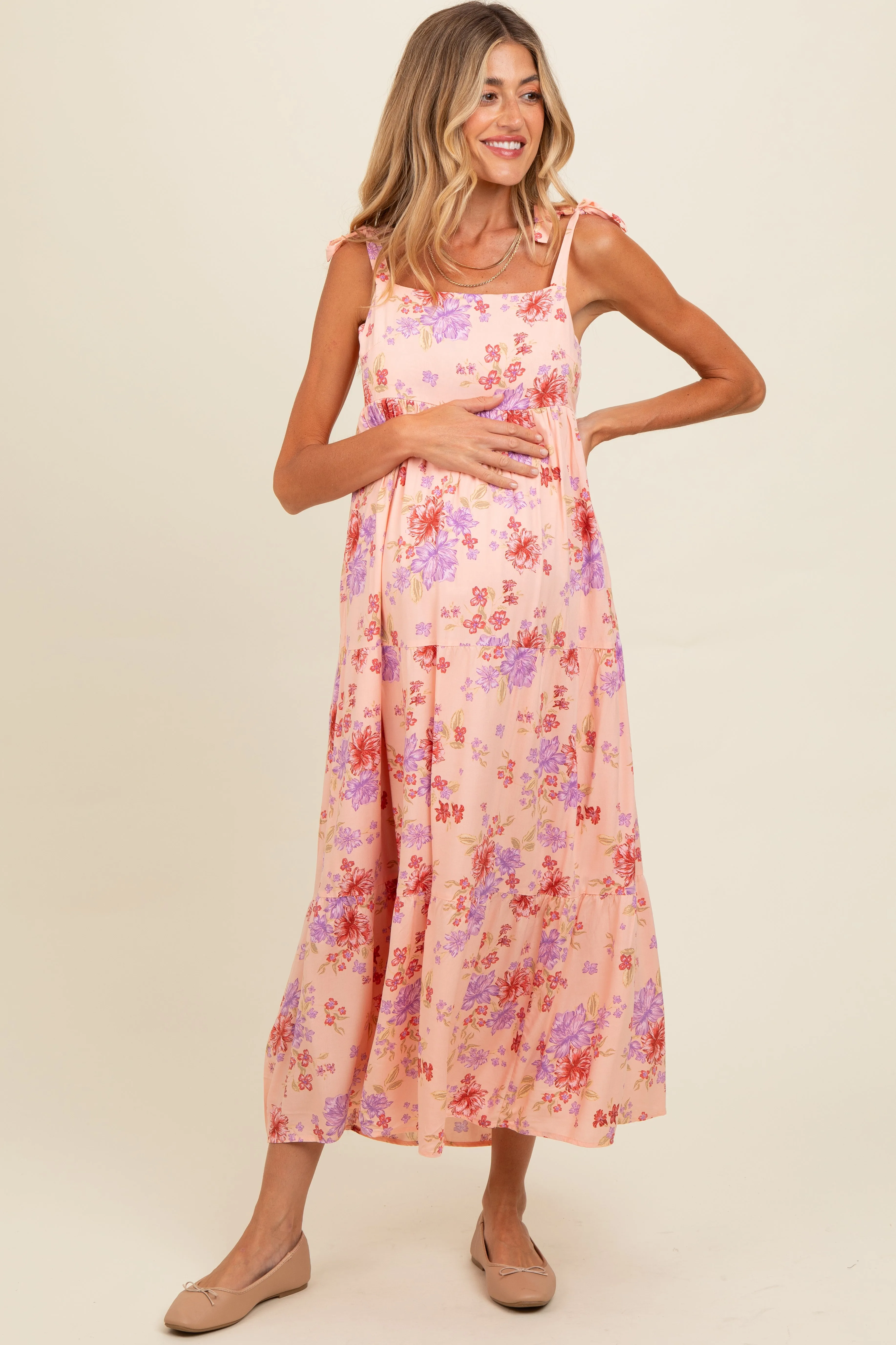 Peach Floral Tie Strap Maternity Maxi Dress sold by Pinkblush