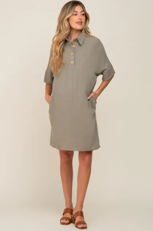 Sage Linen Front Button Collared Maternity Dress sold by Pinkblush