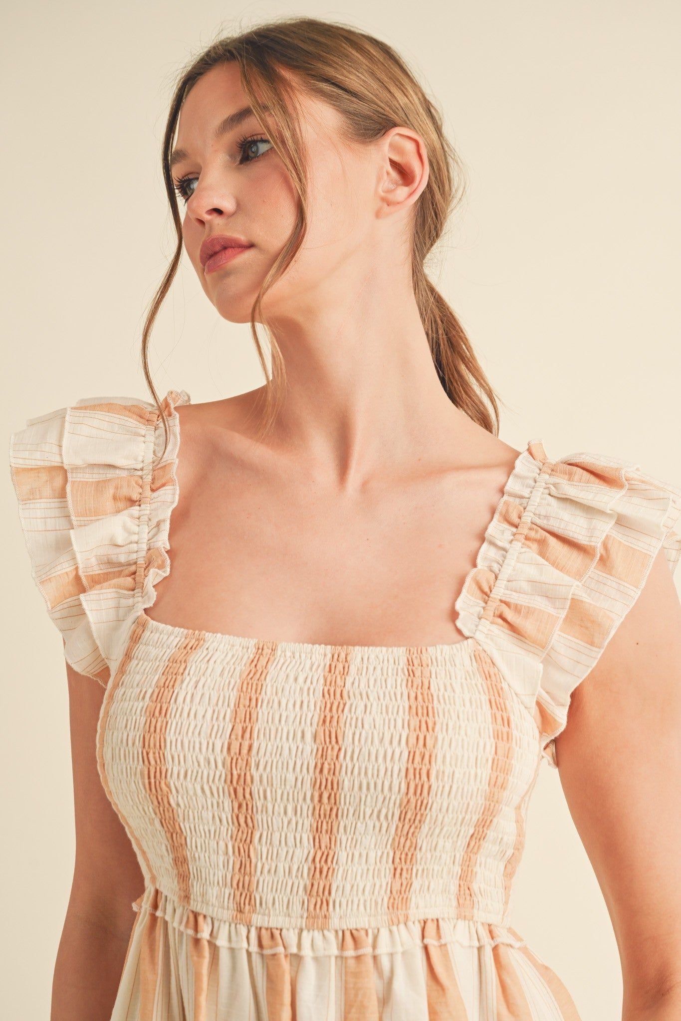 Sand Layered Flutter Sleeve Striped Mini Dress sold by Pinkblush product image thumbnail 5