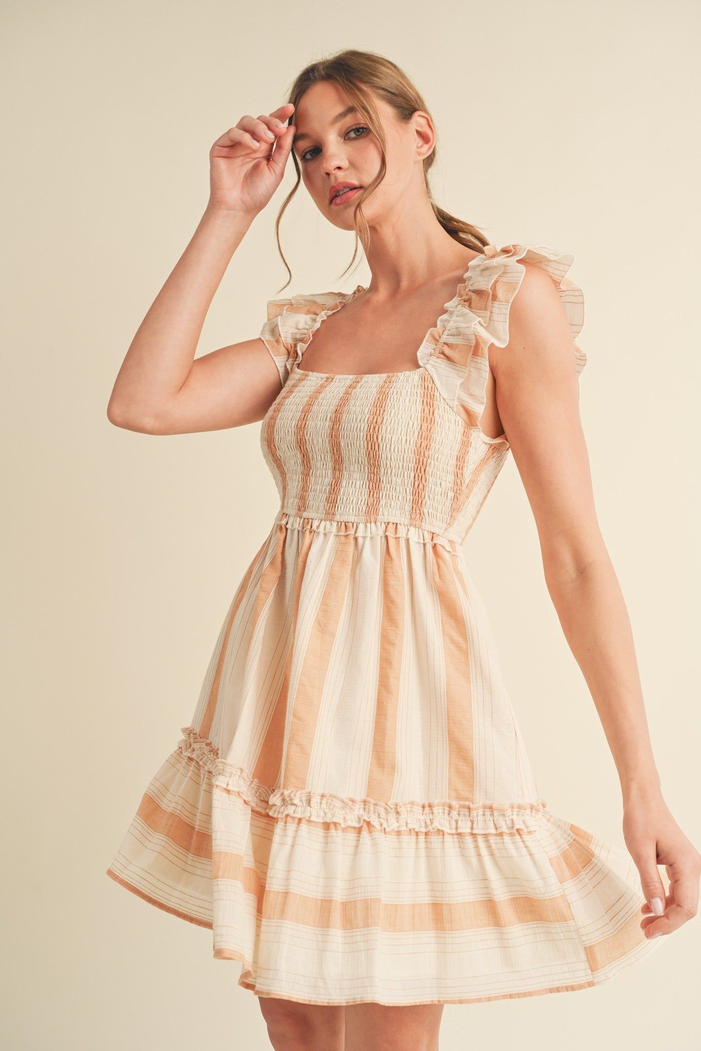 Sand Layered Flutter Sleeve Striped Mini Dress sold by Pinkblush product image thumbnail 2