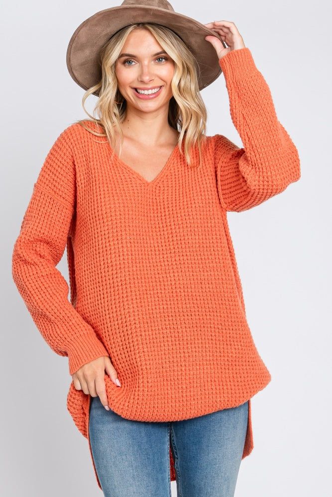 Orange Chunky Knit V-Neck Side Slit Long Sweater sold by Pinkblush