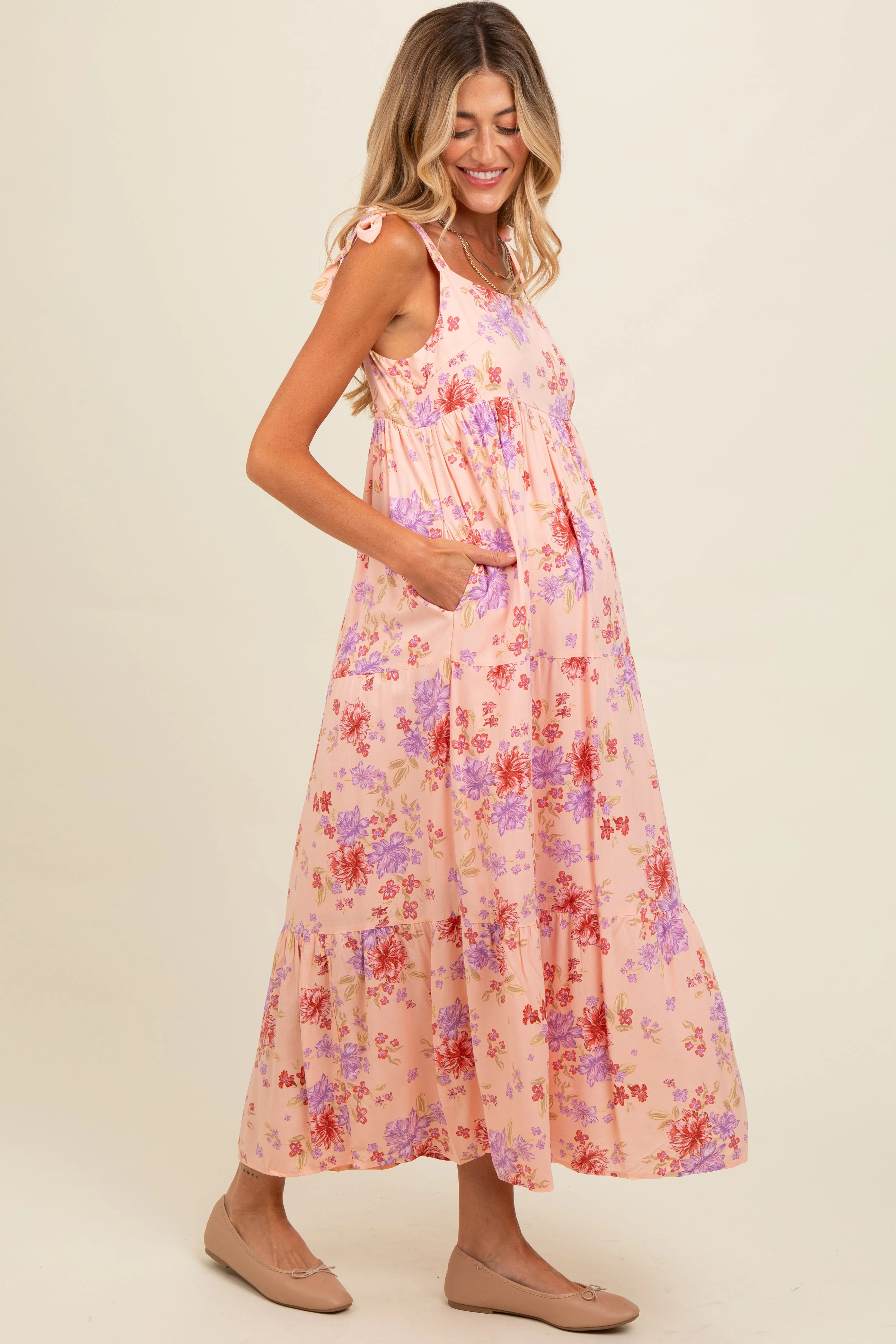 Peach Floral Tie Strap Maternity Maxi Dress sold by Pinkblush product image thumbnail 2