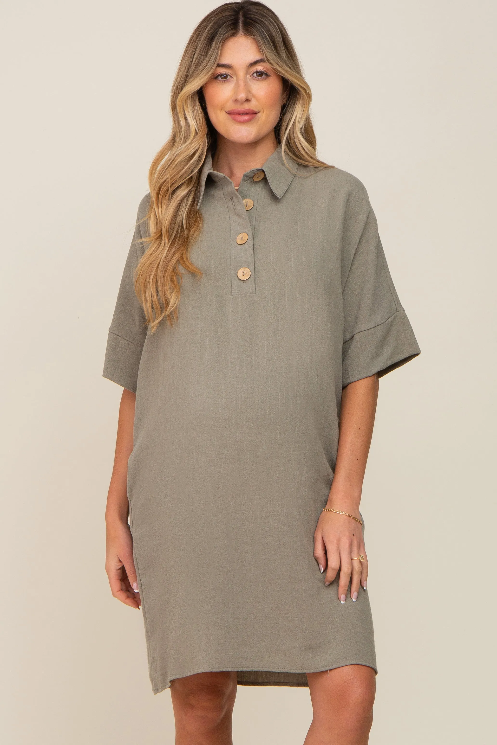 Sage Linen Front Button Collared Maternity Dress sold by Pinkblush product image thumbnail 2