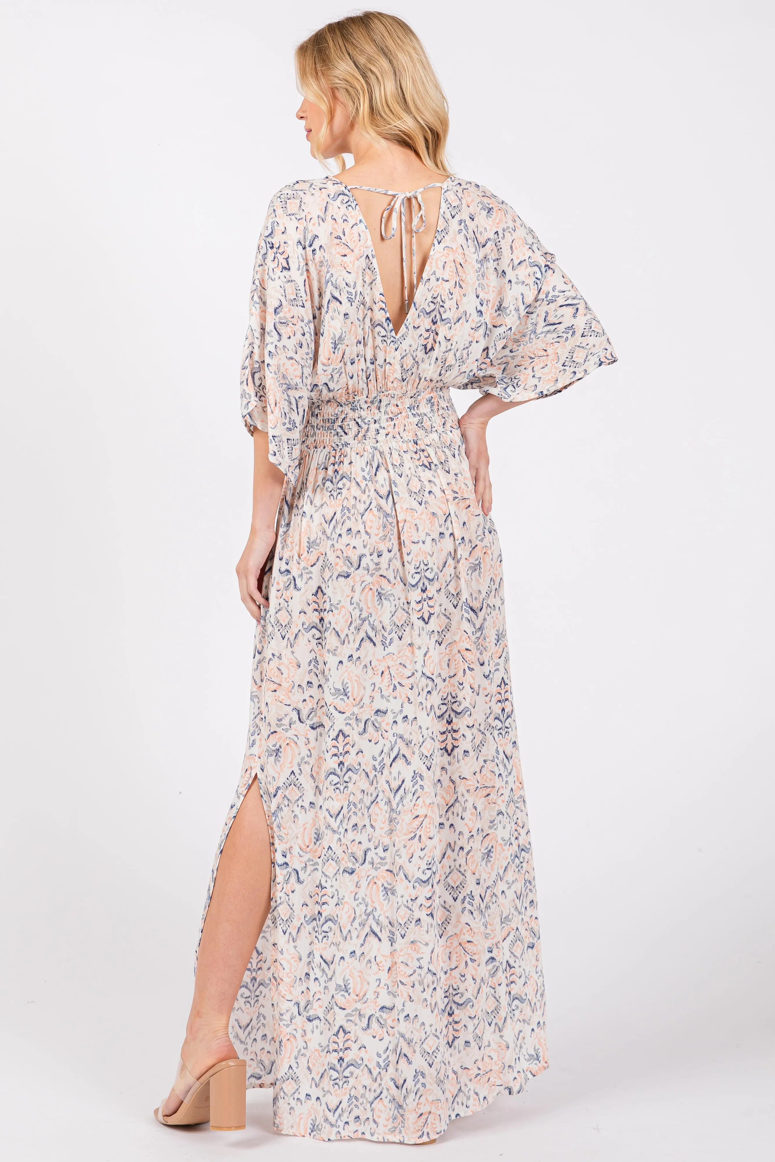 Cream V-Neck Smocked Waist Short Sleeve Maxi Dress sold by Pinkblush product image thumbnail 3