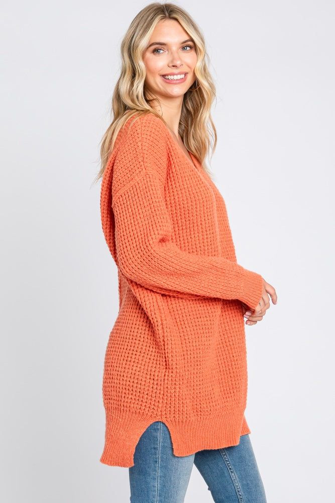 Orange Chunky Knit V-Neck Side Slit Long Sweater sold by Pinkblush product image thumbnail 2