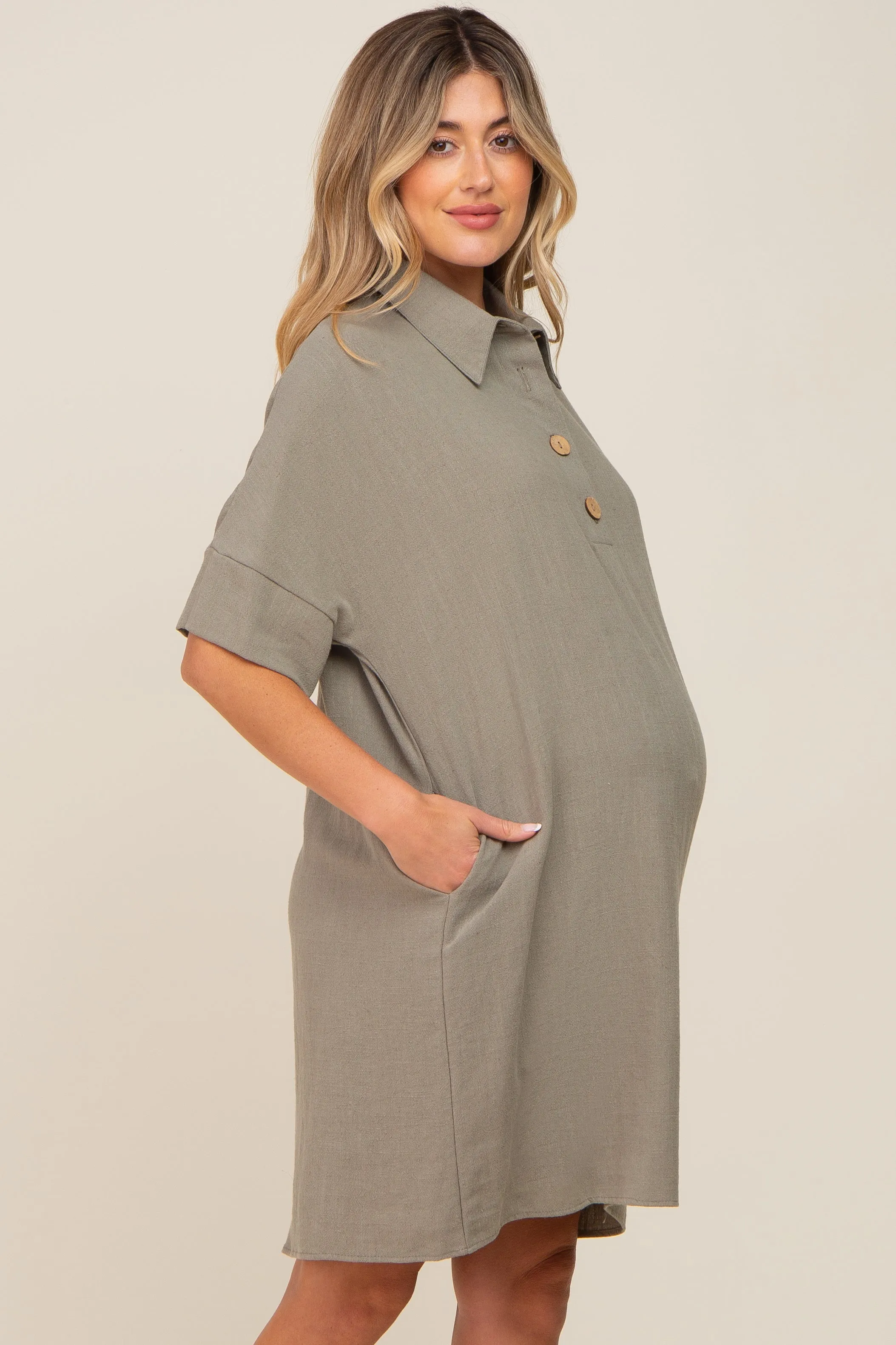 Sage Linen Front Button Collared Maternity Dress sold by Pinkblush product image thumbnail 3