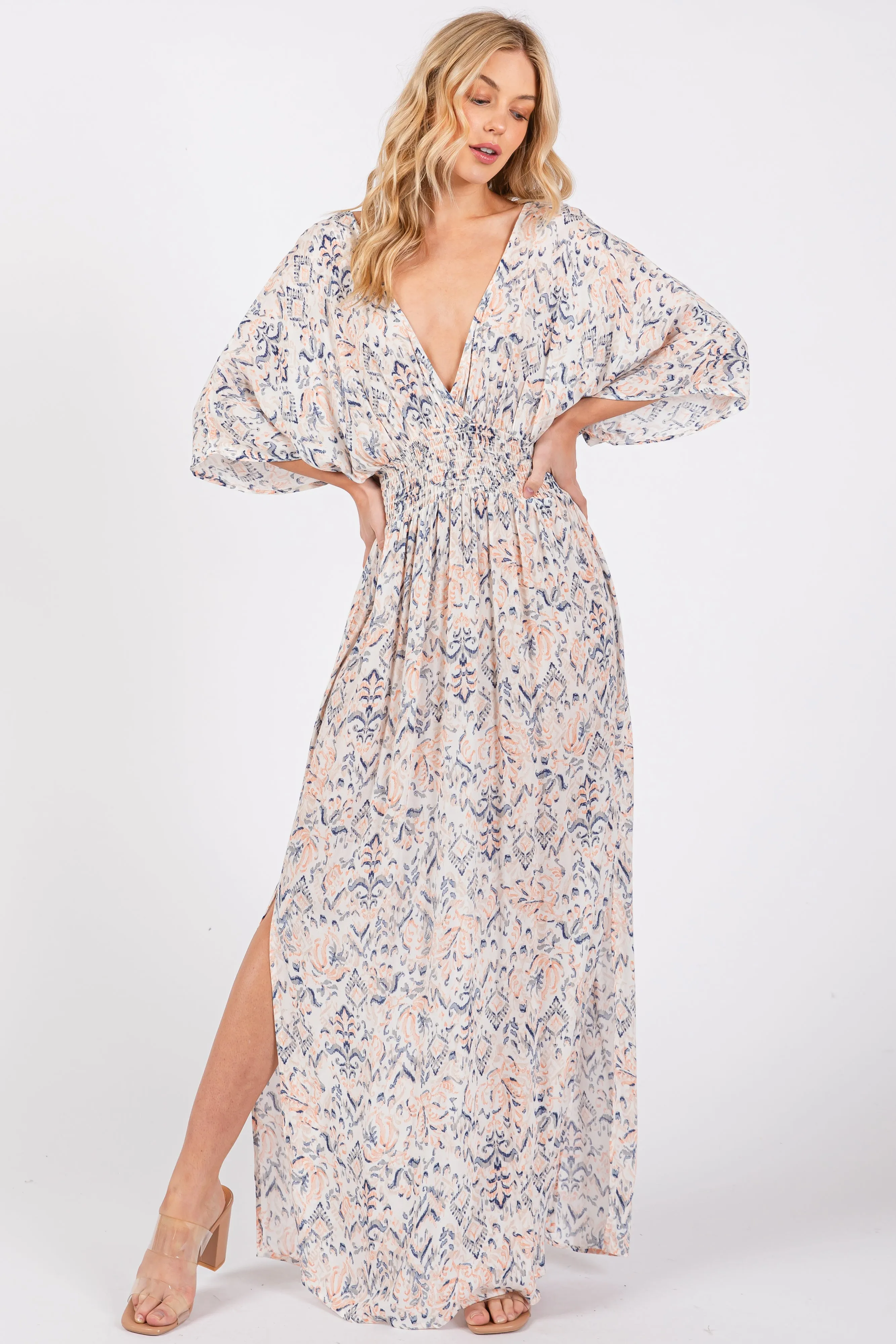 Cream V-Neck Smocked Waist Short Sleeve Maxi Dress sold by Pinkblush