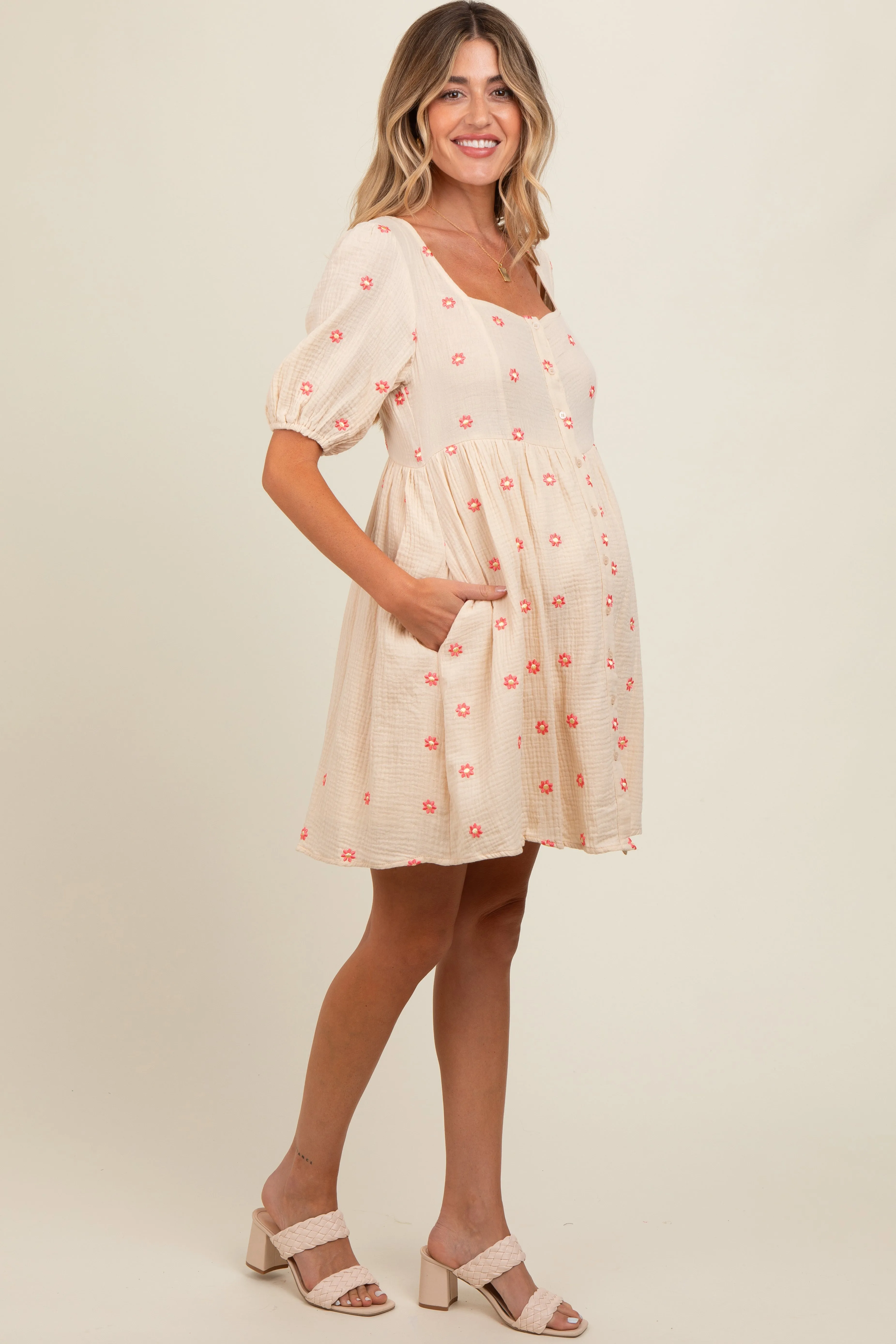 Beige Floral Embroidered Button Front Short Sleeve Maternity Dress sold by Pinkblush product image thumbnail 4