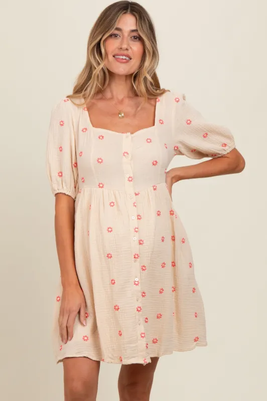Beige Floral Embroidered Button Front Short Sleeve Maternity Dress sold by Pinkblush