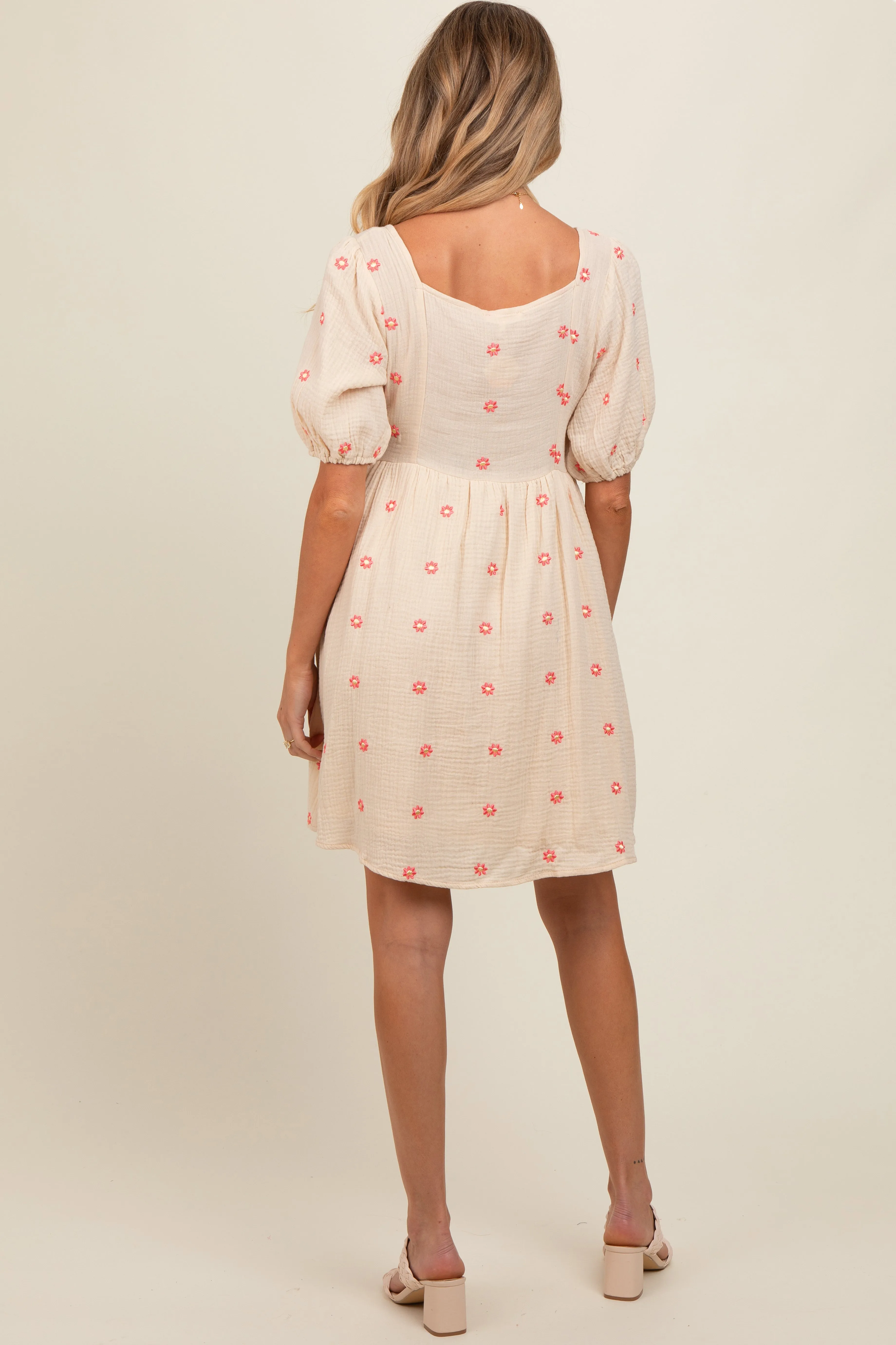 Beige Floral Embroidered Button Front Short Sleeve Maternity Dress sold by Pinkblush product image thumbnail 5