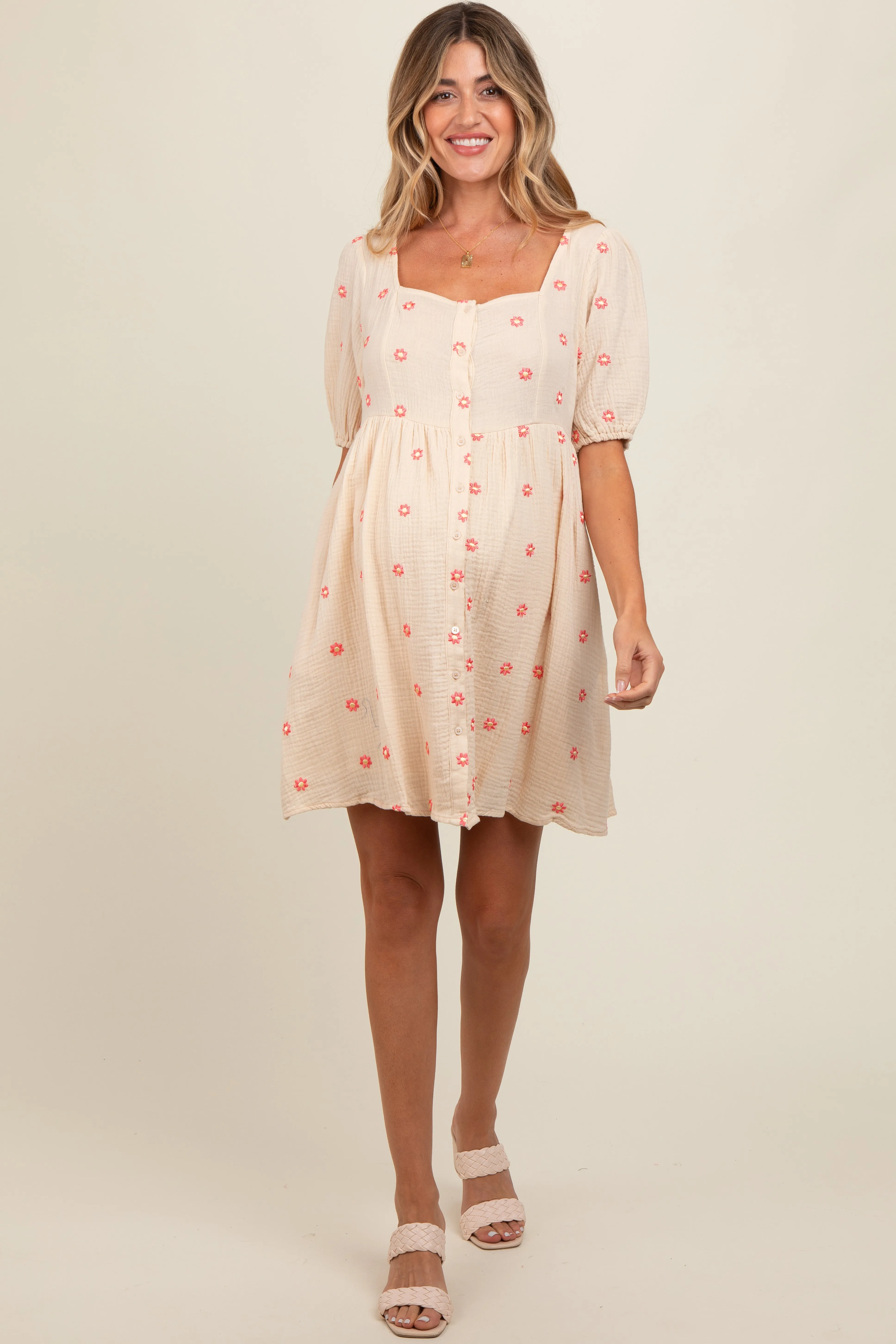 Beige Floral Embroidered Button Front Short Sleeve Maternity Dress sold by Pinkblush product image thumbnail 2