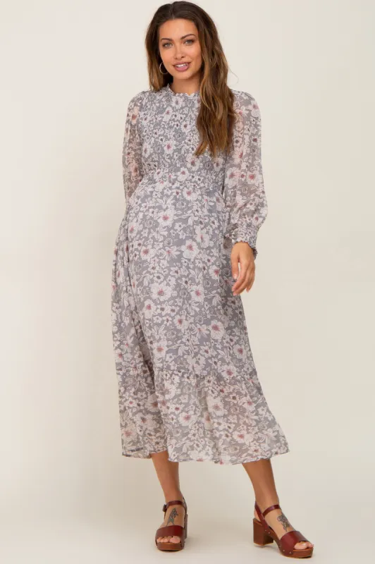 Grey Floral Smocked Long Sleeve Maternity Maxi Dress sold by Pinkblush