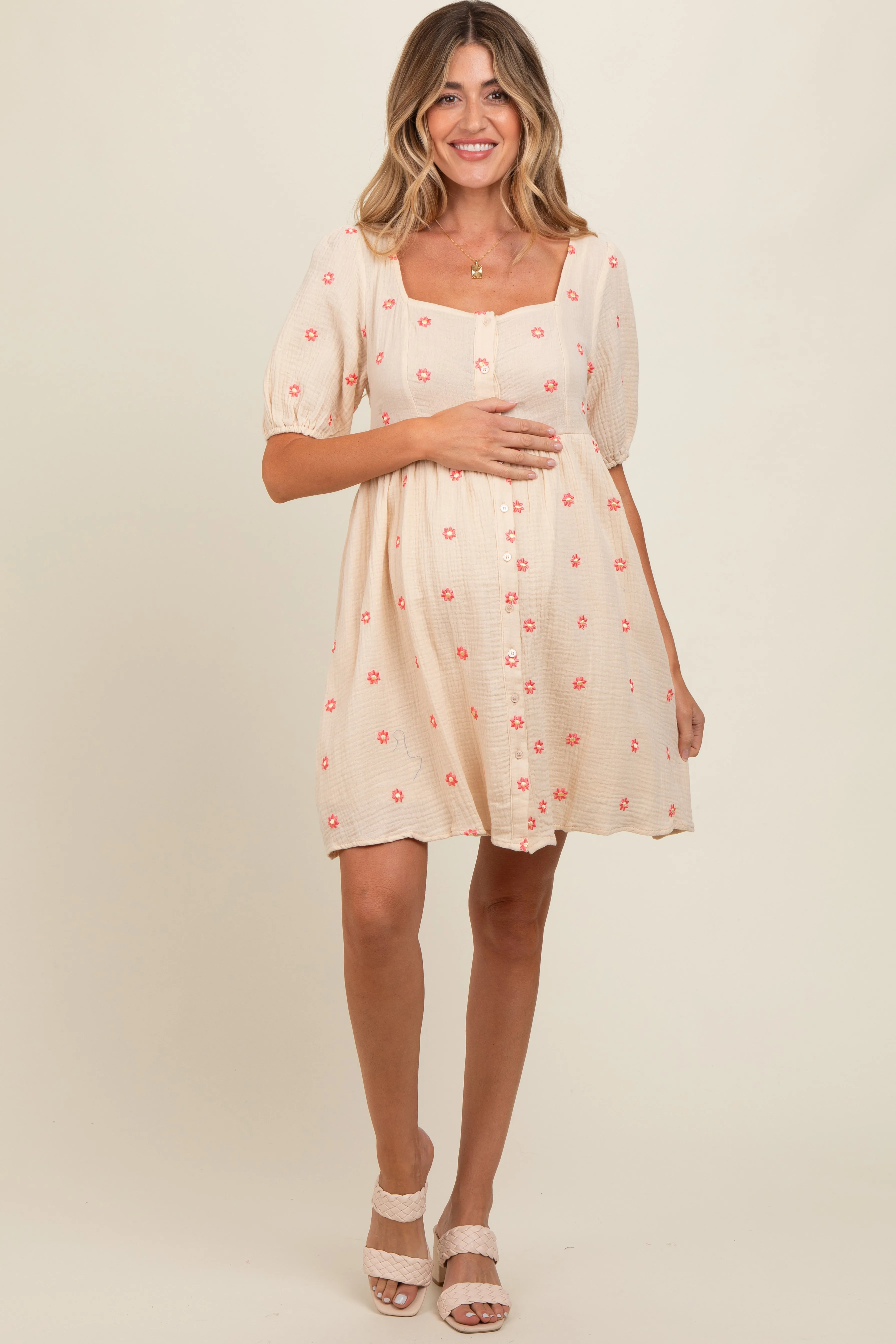 Beige Floral Embroidered Button Front Short Sleeve Maternity Dress sold by Pinkblush product image thumbnail 3