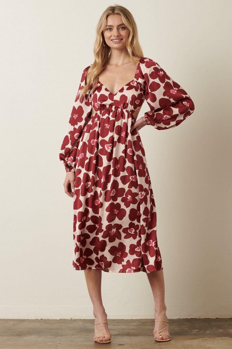 Wine Large Flower Print Cut Out Detail Midi Dress sold by Pinkblush