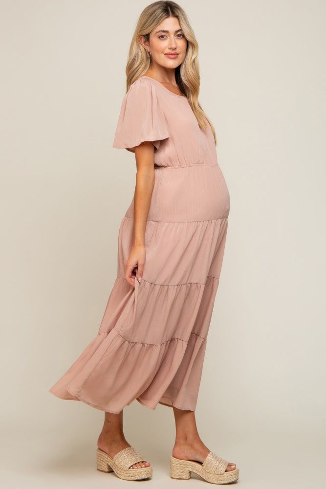Mauve Tiered Short Sleeve Maternity Midi Dress sold by Pinkblush