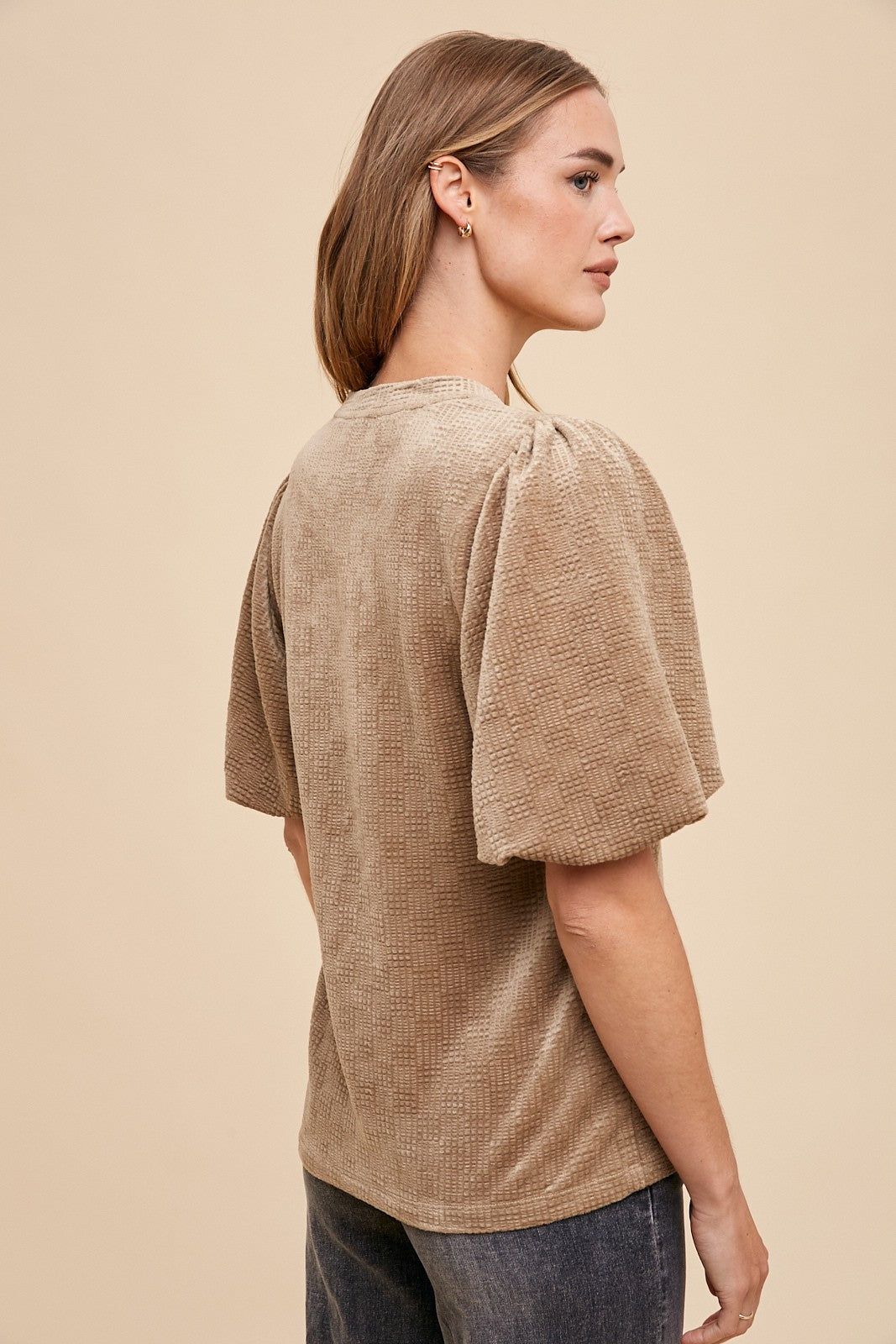 Taupe Texture Velvet Bubble Sleeve Top sold by Pinkblush product image thumbnail 3