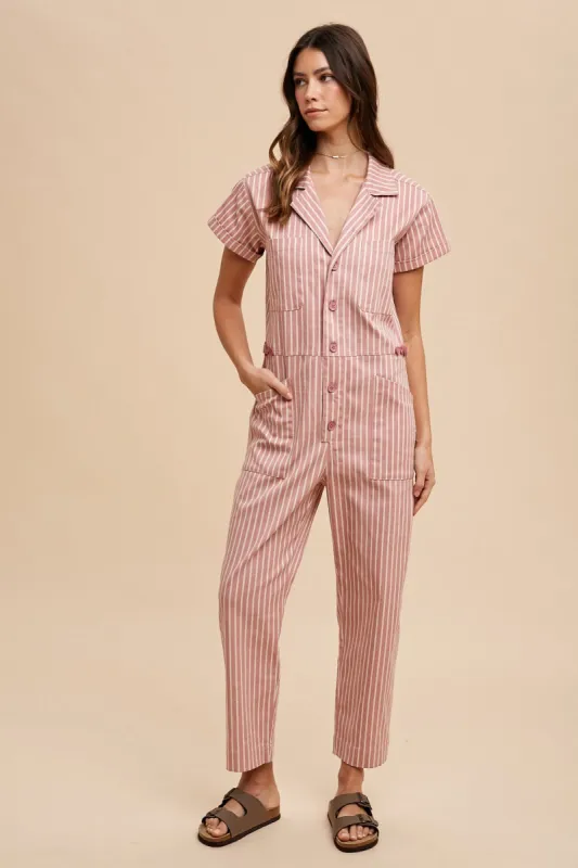 Pink Stripe Twill Denim Utility Jumpsuit sold by Pinkblush