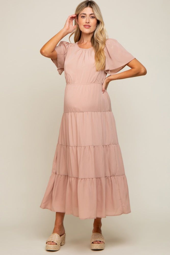 Mauve Tiered Short Sleeve Maternity Midi Dress sold by Pinkblush product image thumbnail 2