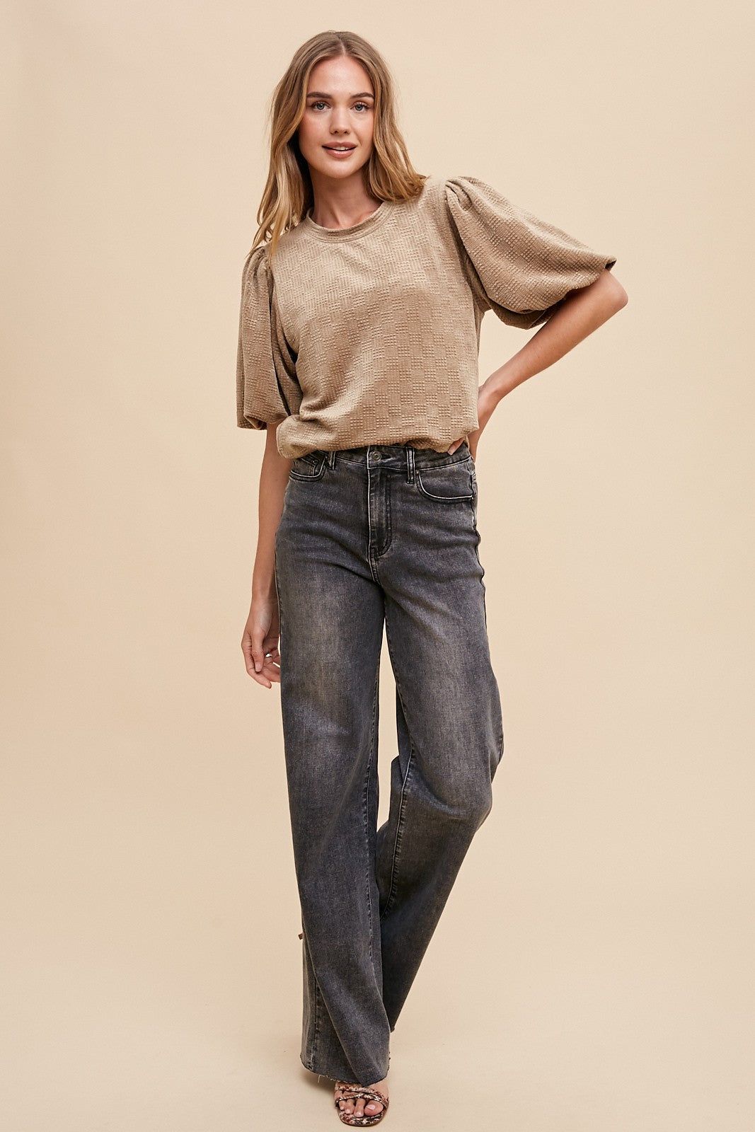 Taupe Texture Velvet Bubble Sleeve Top sold by Pinkblush product image thumbnail 4