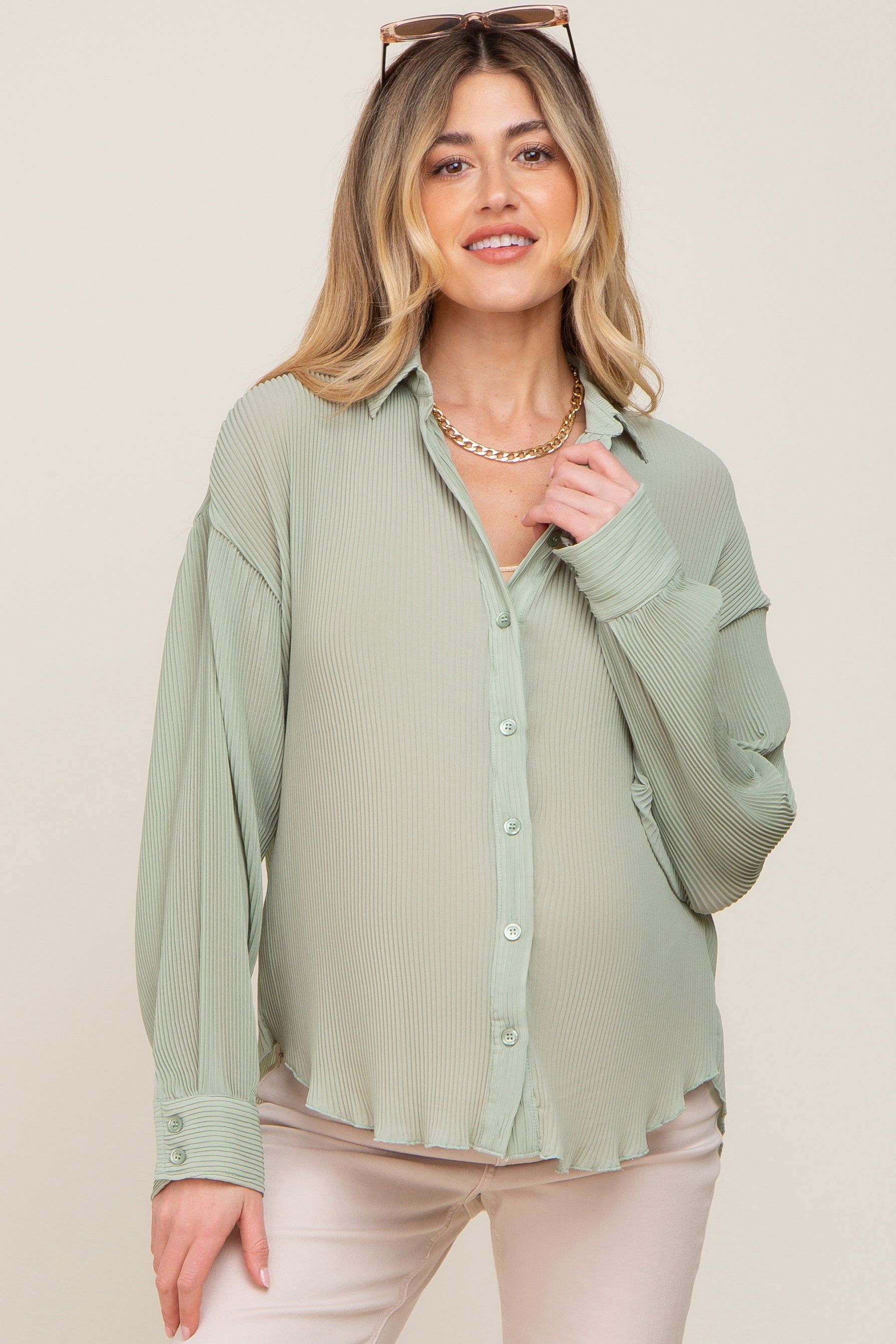 Light Olive Plisse Maternity Chiffon Blouse sold by Pinkblush