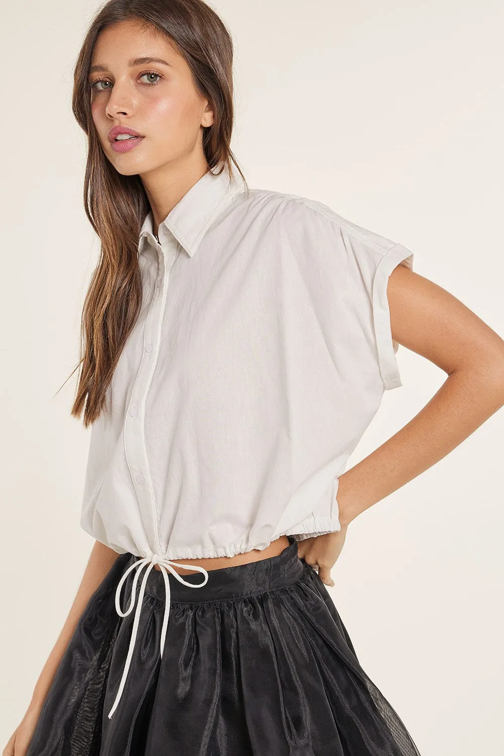 Off White Bubble Drawstring Hem Poplin Button Up Shirt sold by Pinkblush product image thumbnail 4