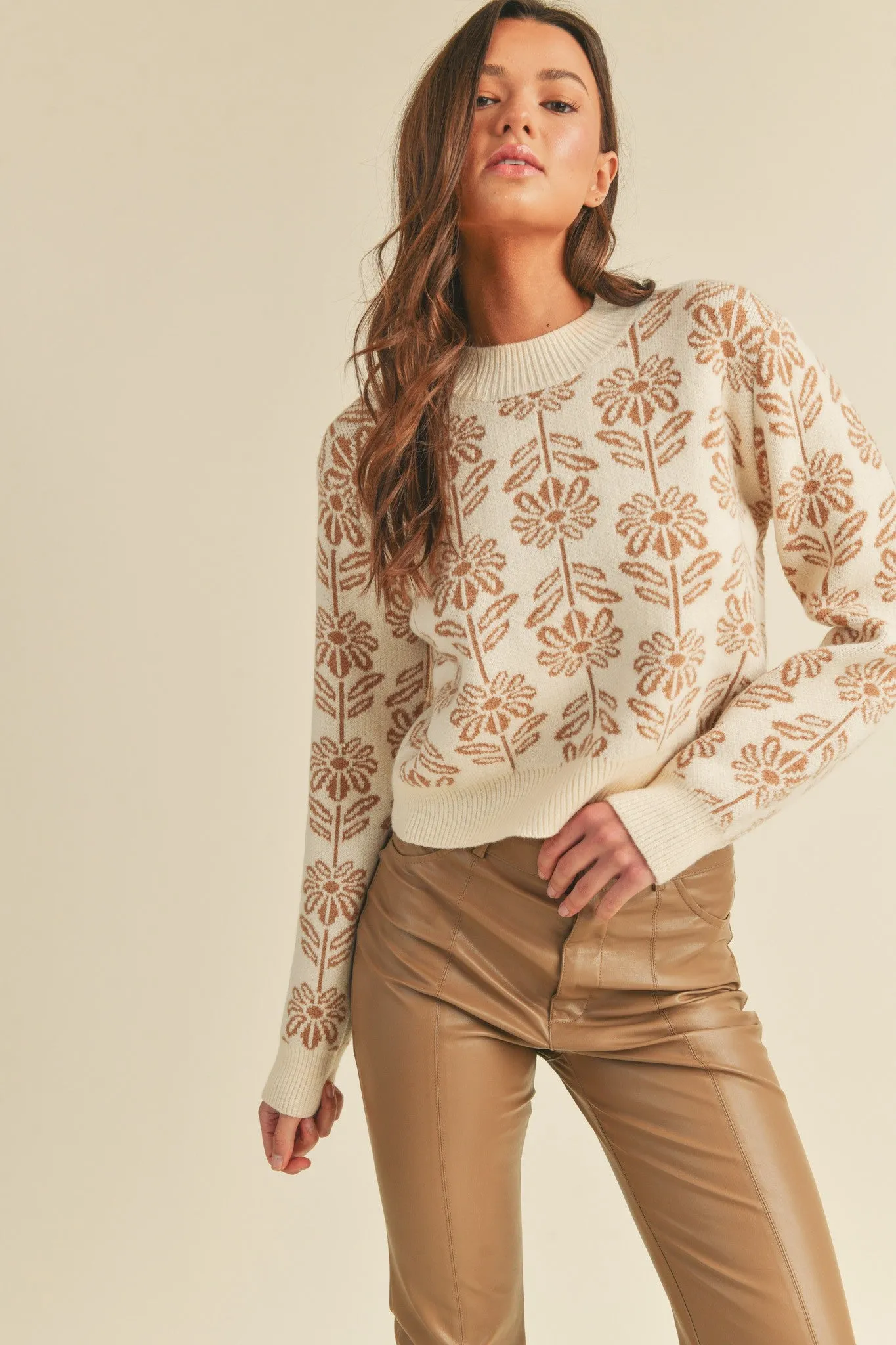 Beige Taupe Floral Pattern Knit Sweater sold by Pinkblush