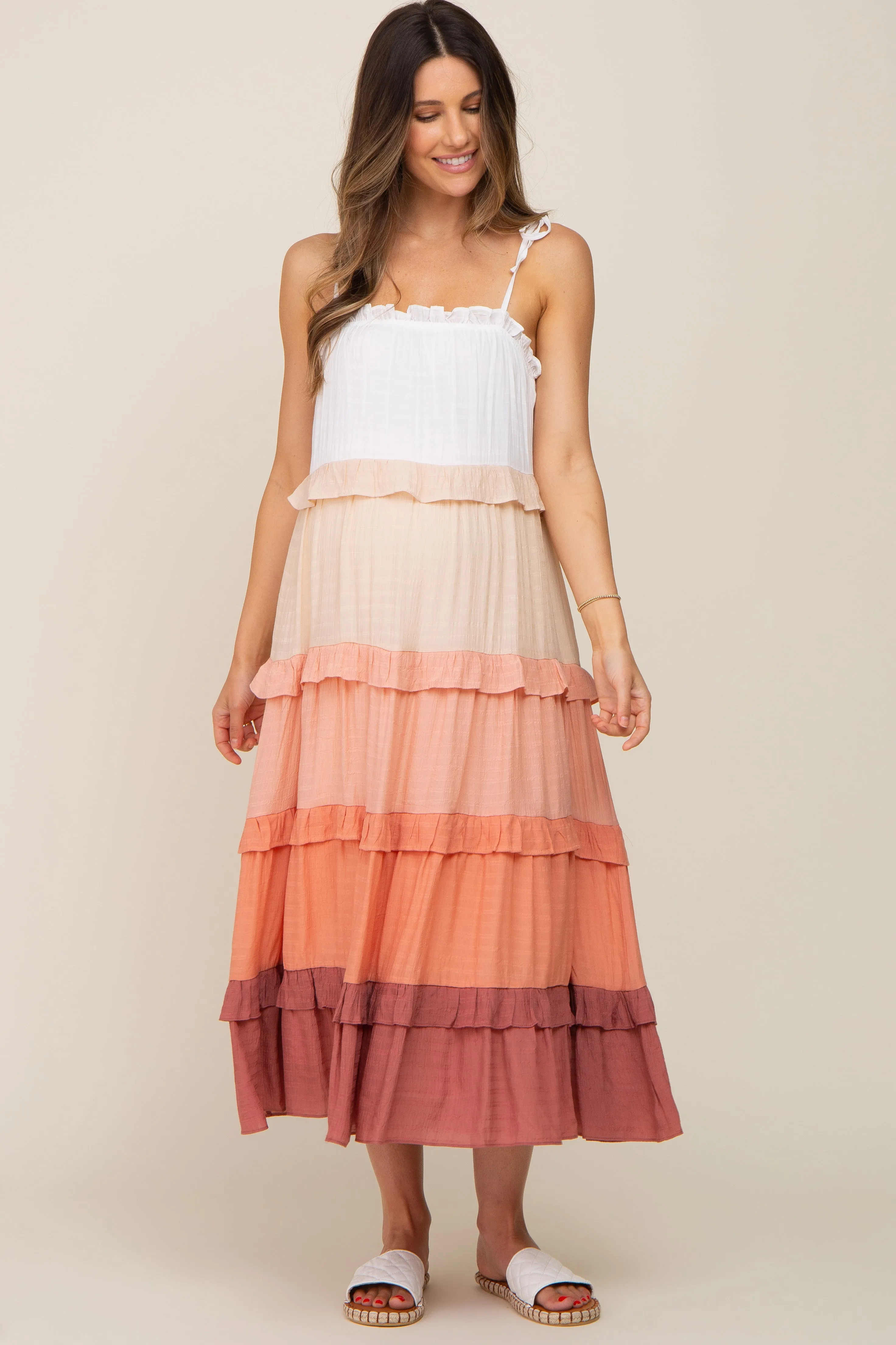 Peach Ombre Ruffle Tiered Shoulder Tie Maternity Midi Dress sold by Pinkblush product image thumbnail 4