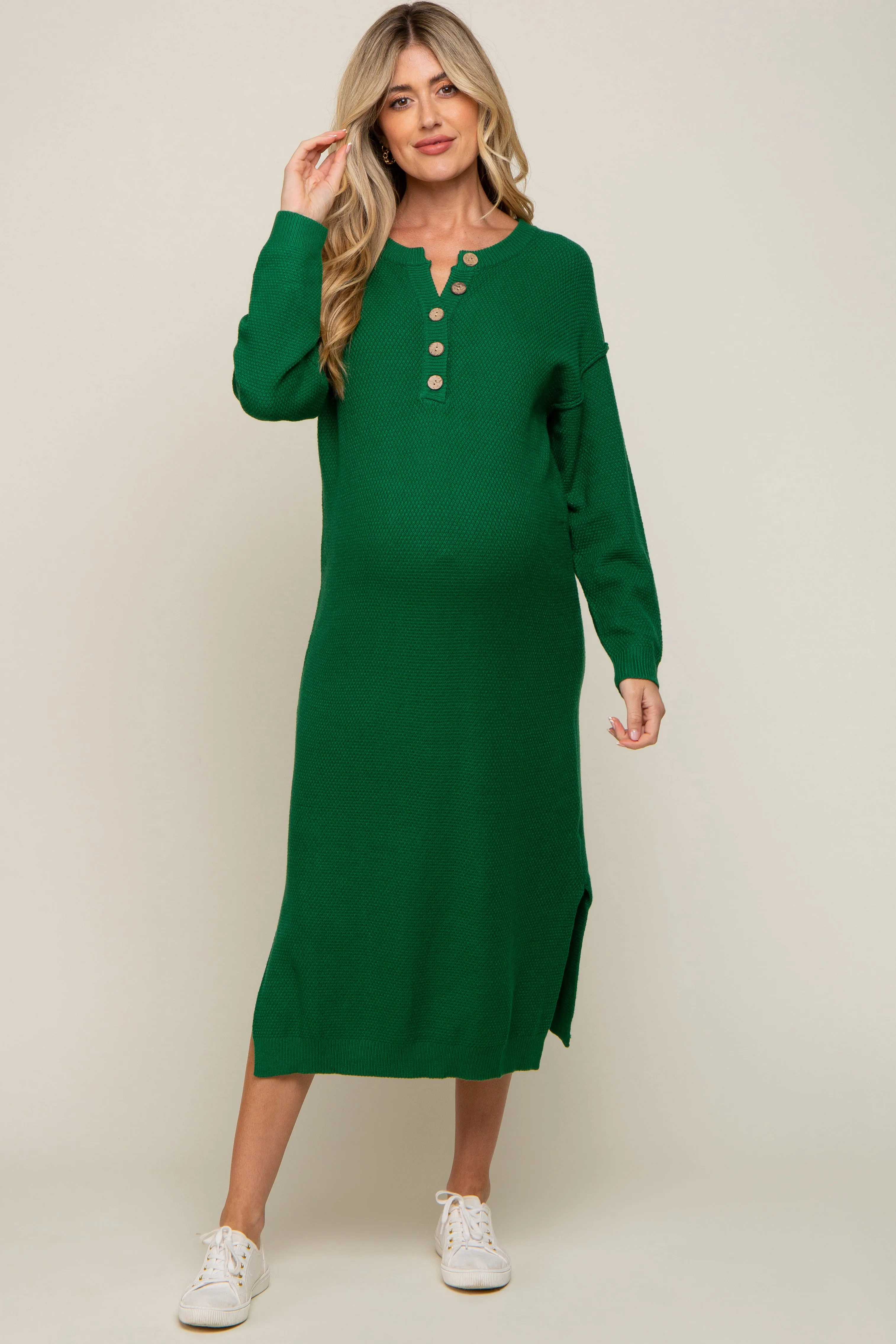 Hunter Green Waffle Knit Button Long Sleeve Maternity Midi Dress sold by Pinkblush