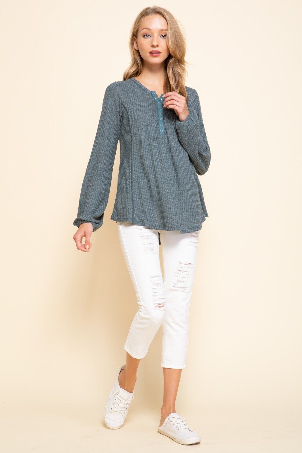 Dusty Blue Waffle Henley Top sold by Pinkblush product image thumbnail 4