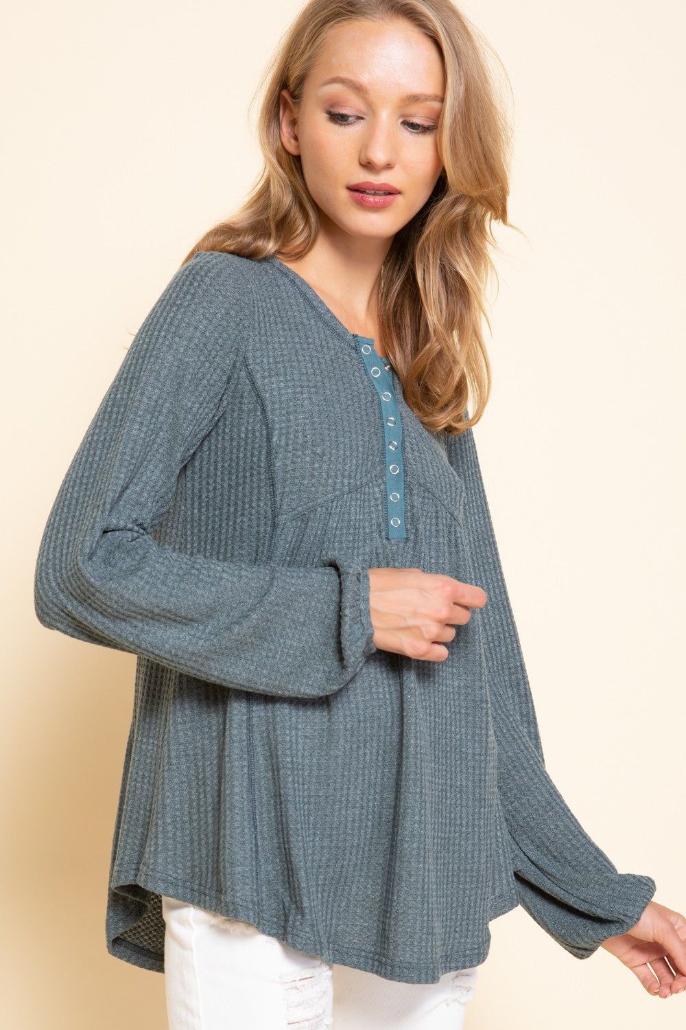 Dusty Blue Waffle Henley Top sold by Pinkblush