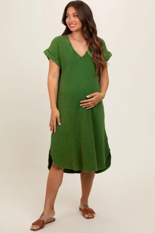 Green Waffle Knit Short Sleeve Maternity Dress sold by Pinkblush