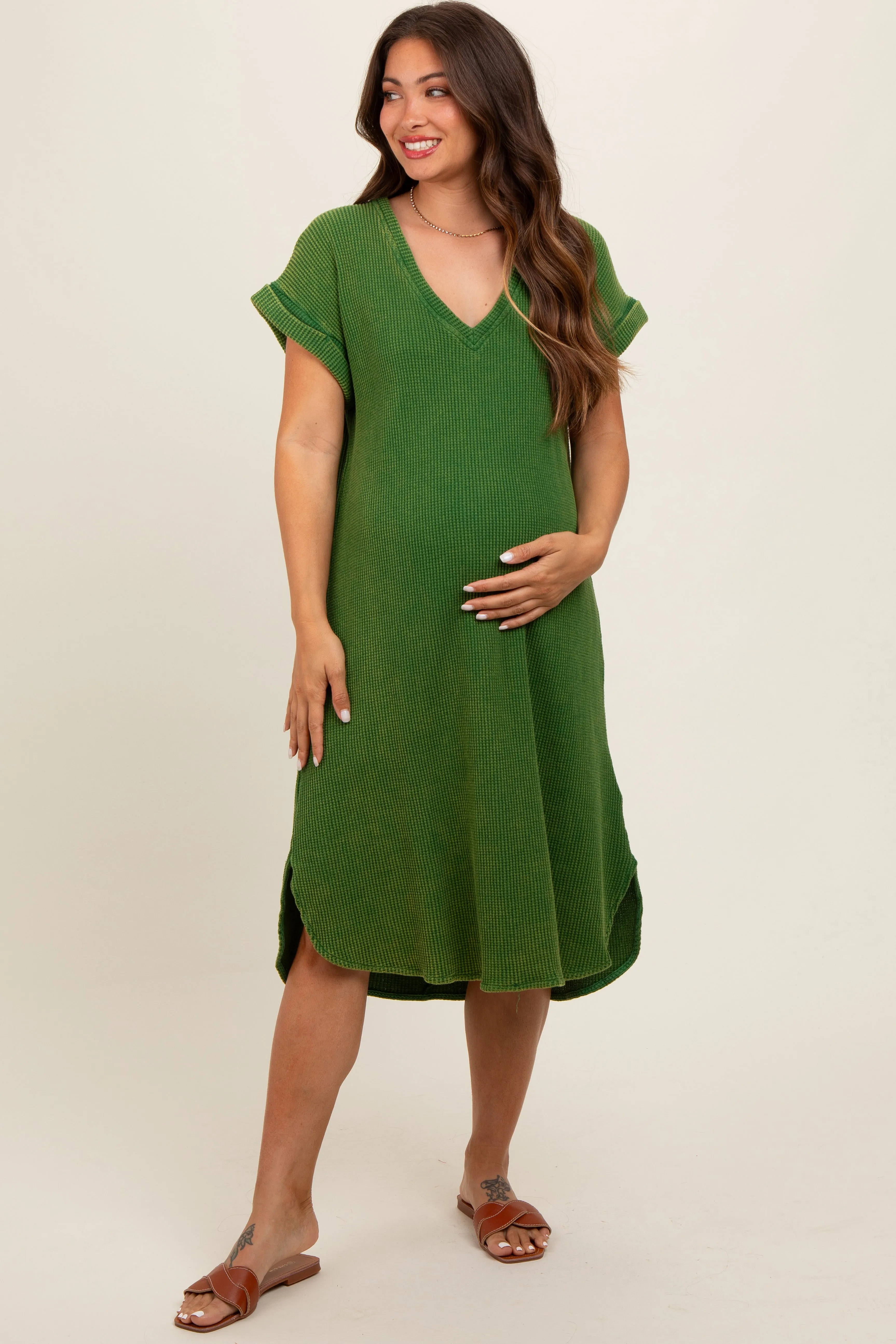 Green Waffle Knit Short Sleeve Maternity Dress sold by Pinkblush