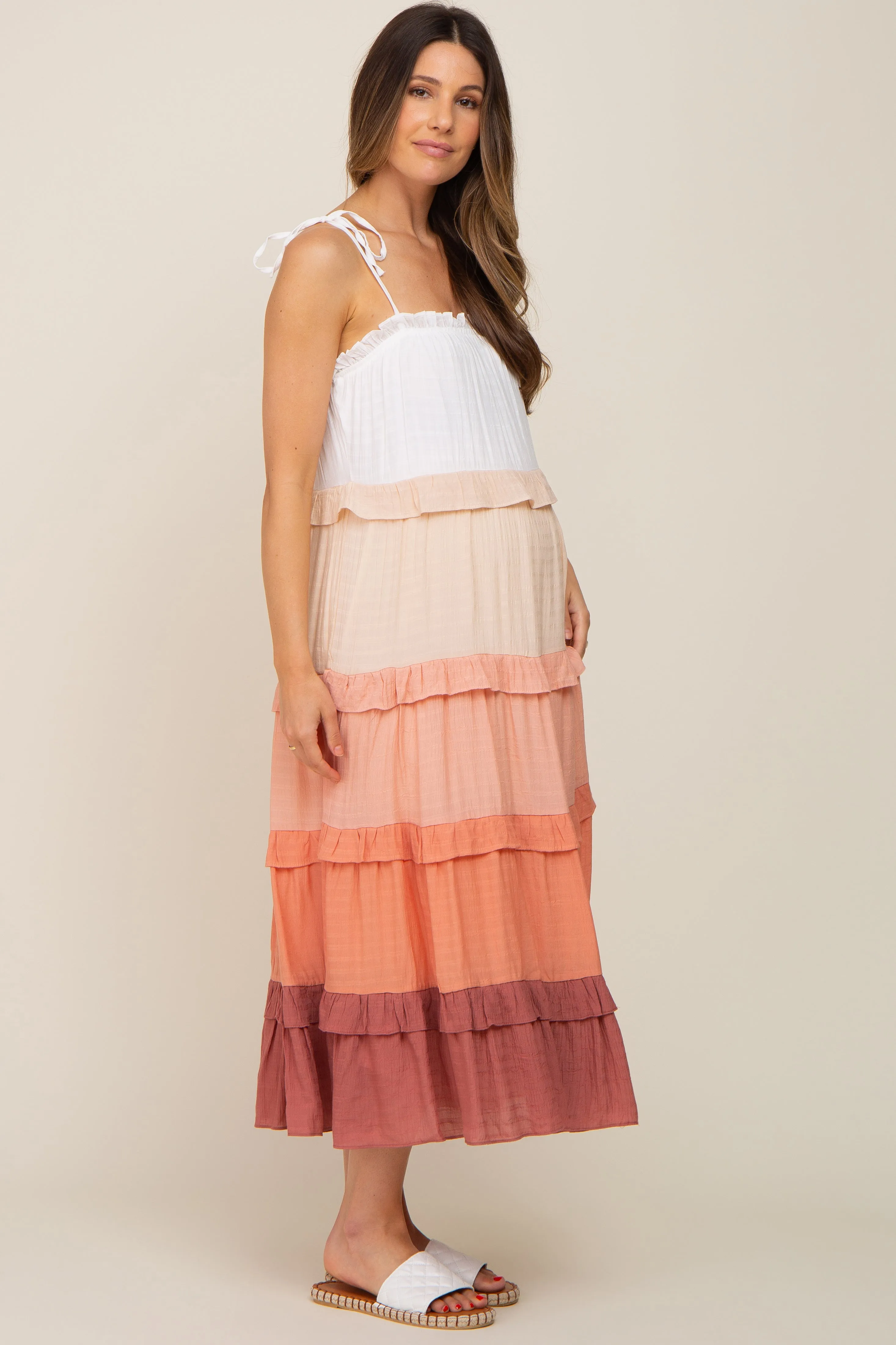 Peach Ombre Ruffle Tiered Shoulder Tie Maternity Midi Dress sold by Pinkblush product image thumbnail 2