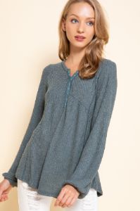 Dusty Blue Waffle Henley Top sold by Pinkblush