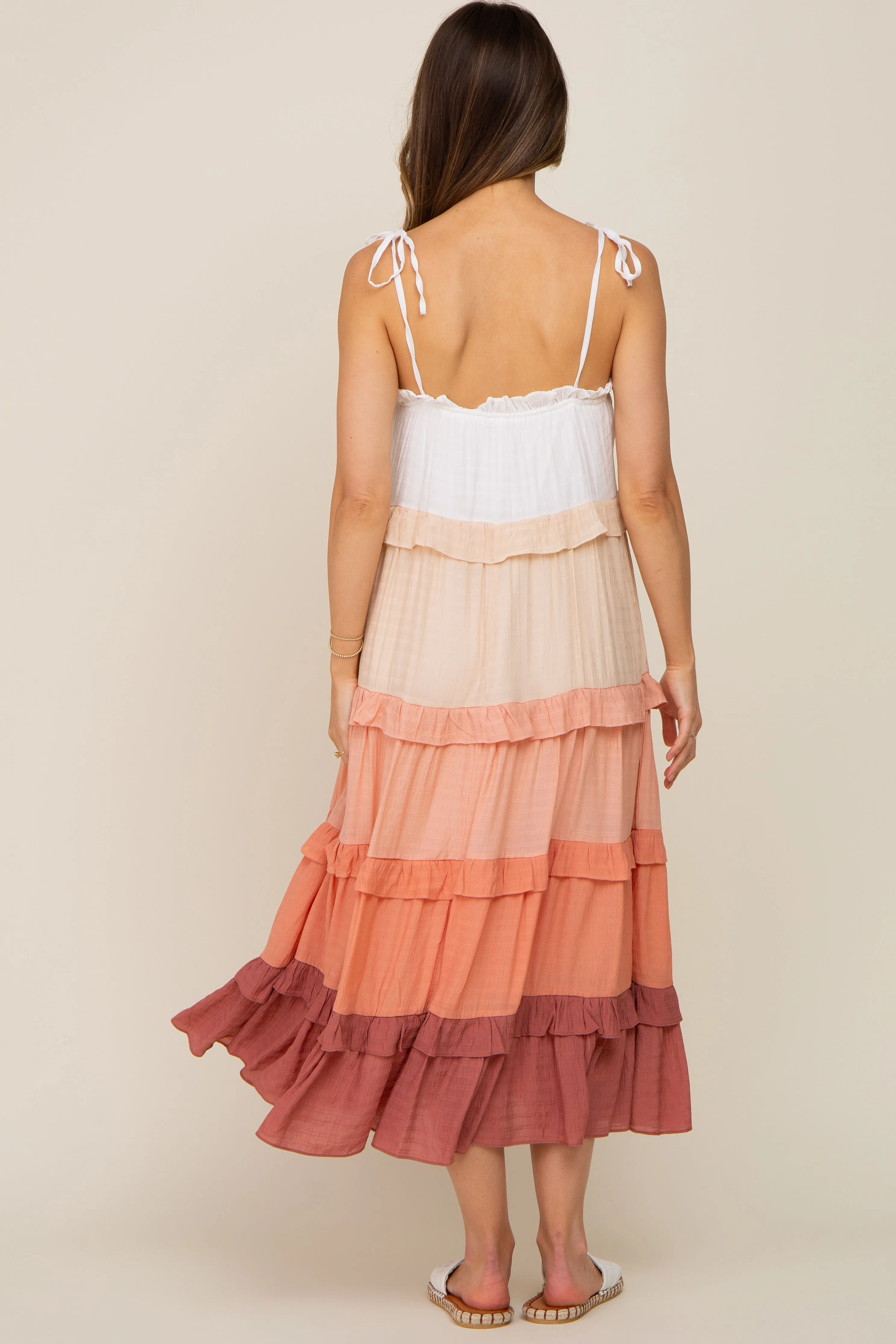 Peach Ombre Ruffle Tiered Shoulder Tie Maternity Midi Dress sold by Pinkblush product image thumbnail 3