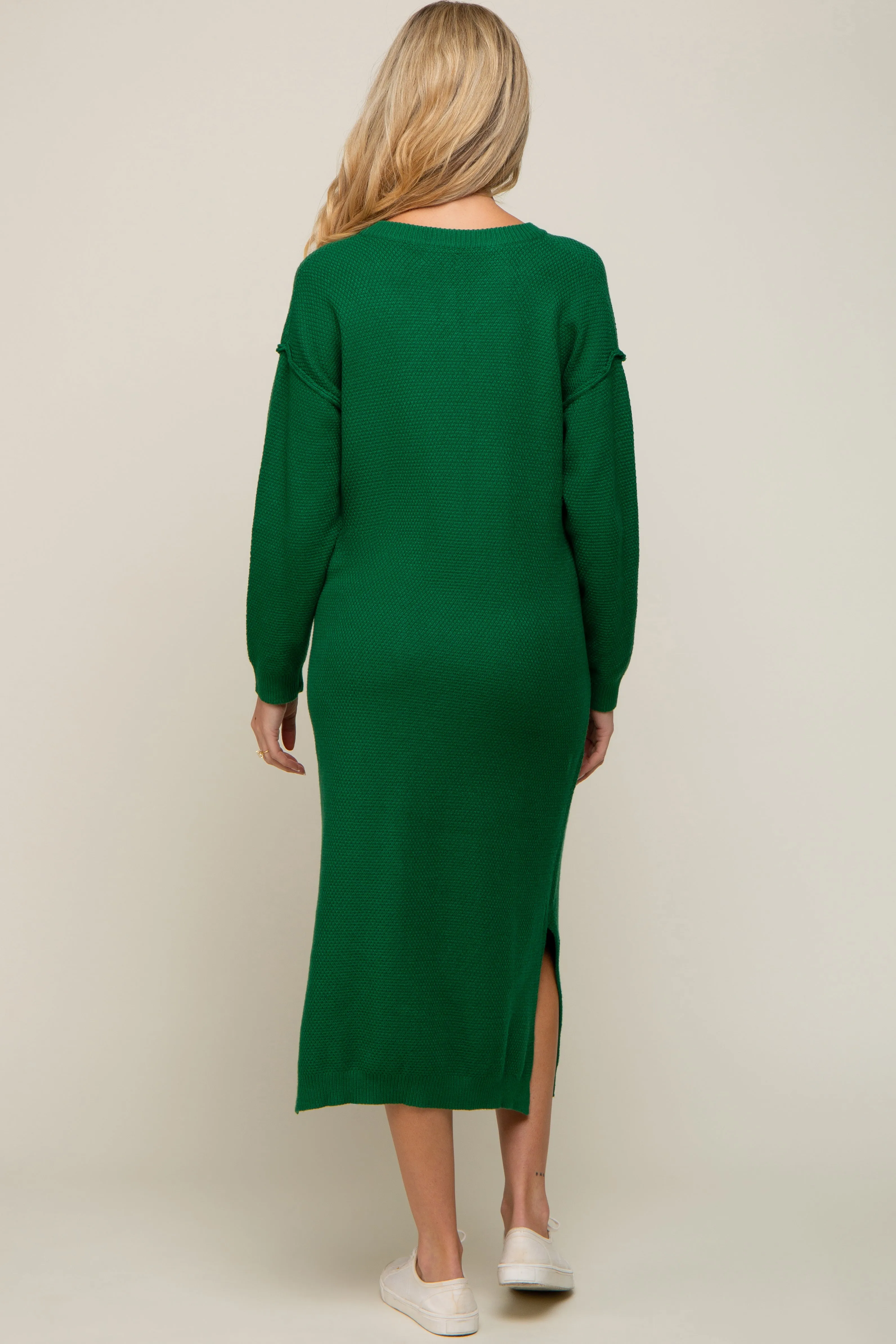 Hunter Green Waffle Knit Button Long Sleeve Maternity Midi Dress sold by Pinkblush product image thumbnail 3