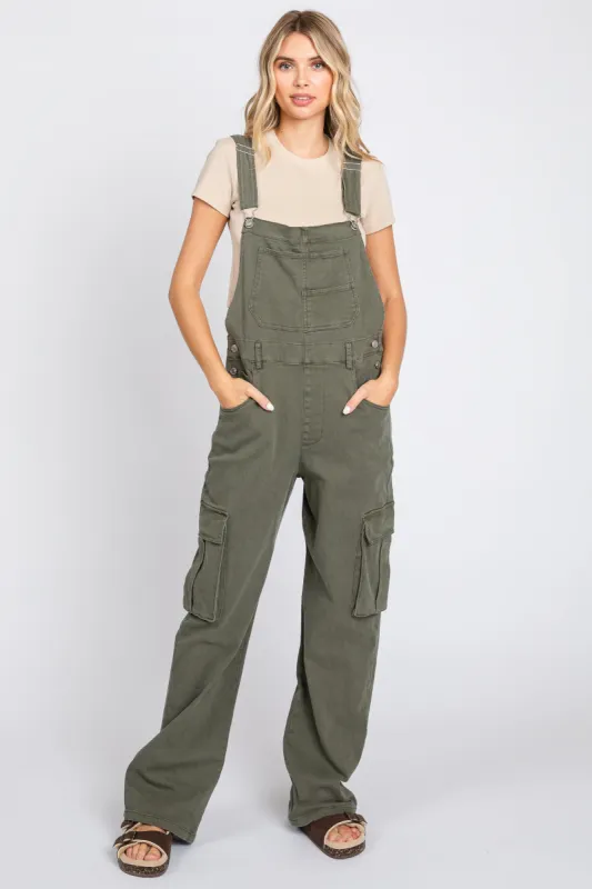 Olive Cargo Pocket Denim Overalls sold by Pinkblush