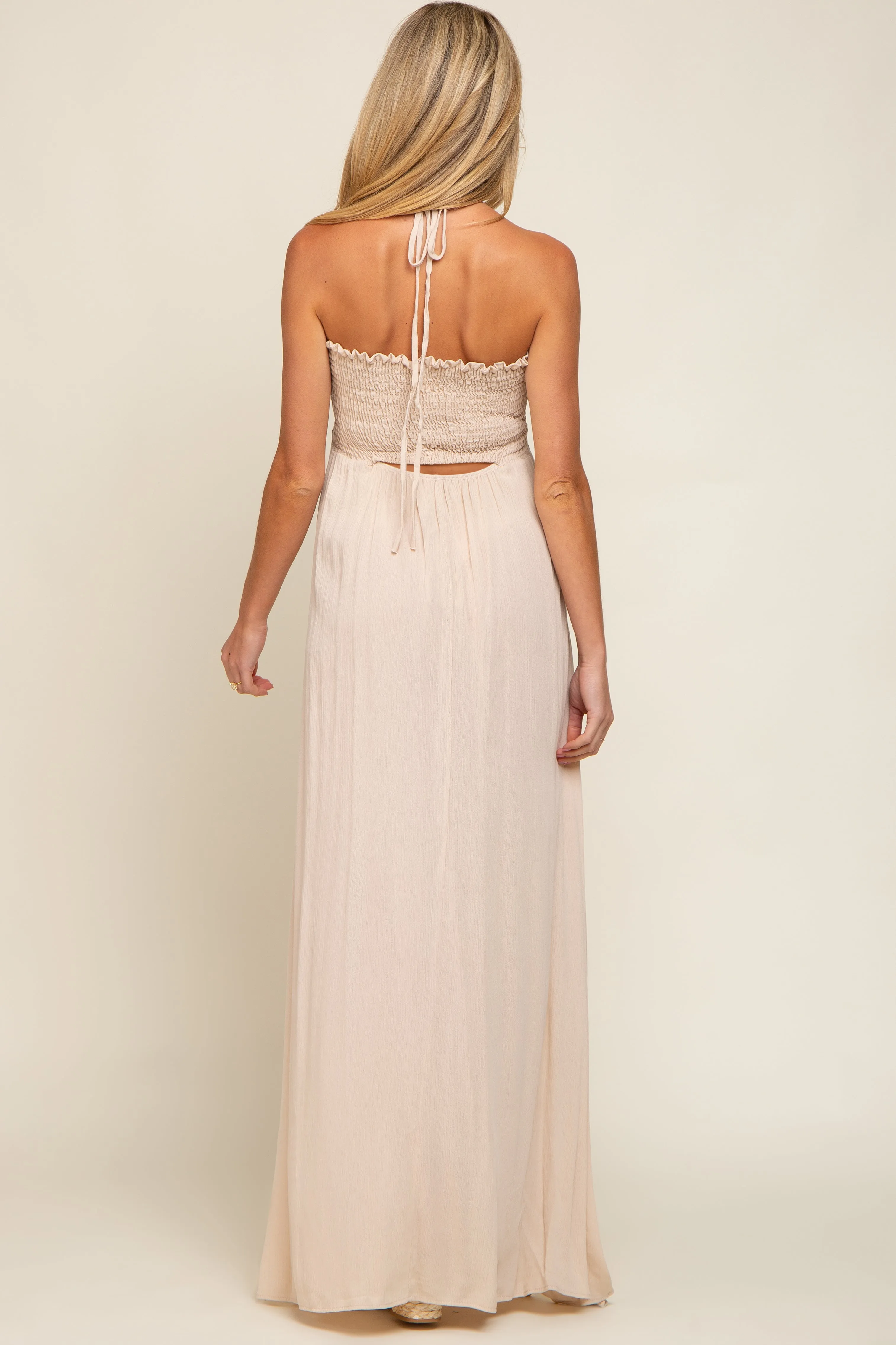 Beige Smocked Halter Maternity Maxi Dress sold by Pinkblush product image thumbnail 3