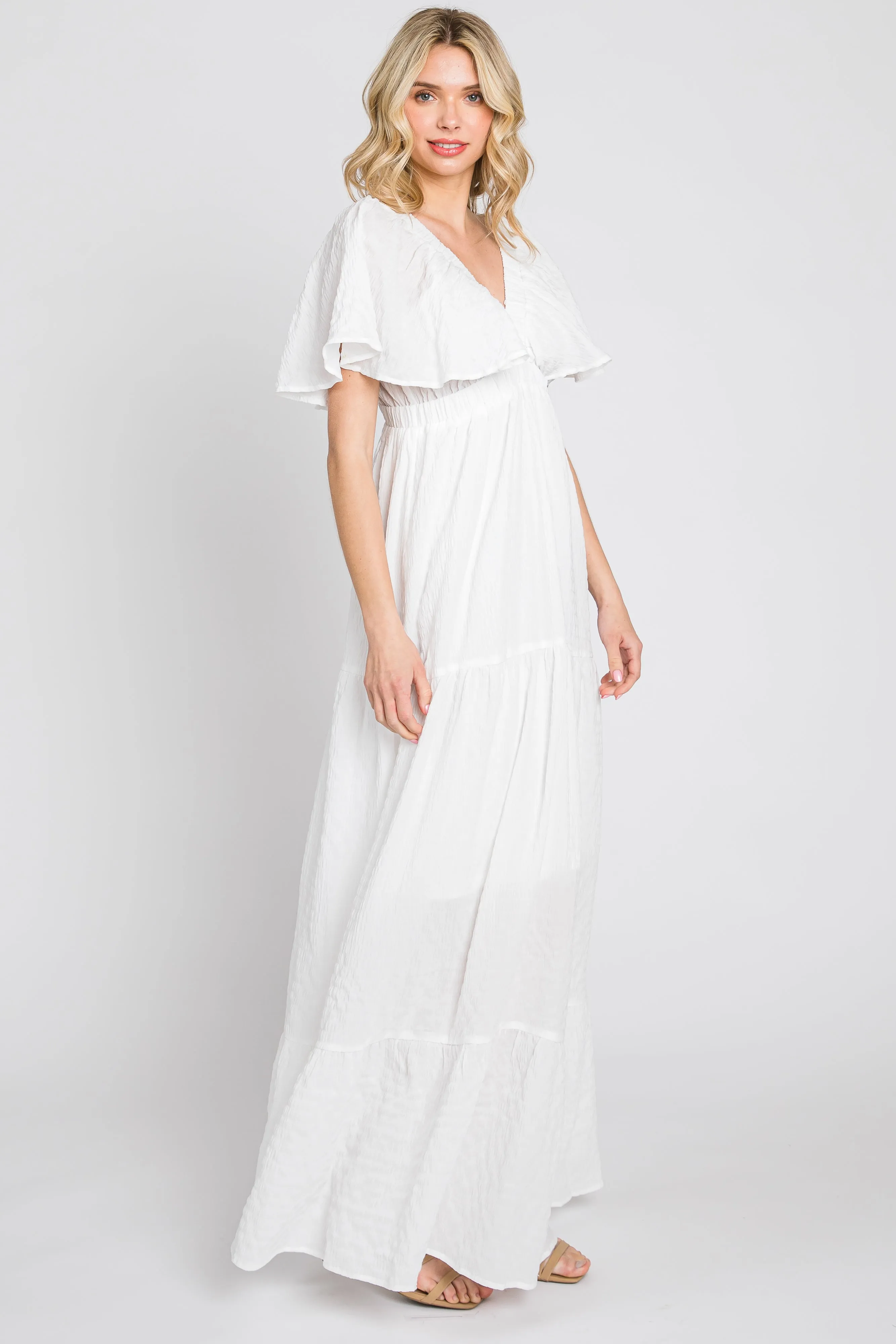 White Crepe Flounce Sleeve Tiered Maxi Dress sold by Pinkblush product image thumbnail 4