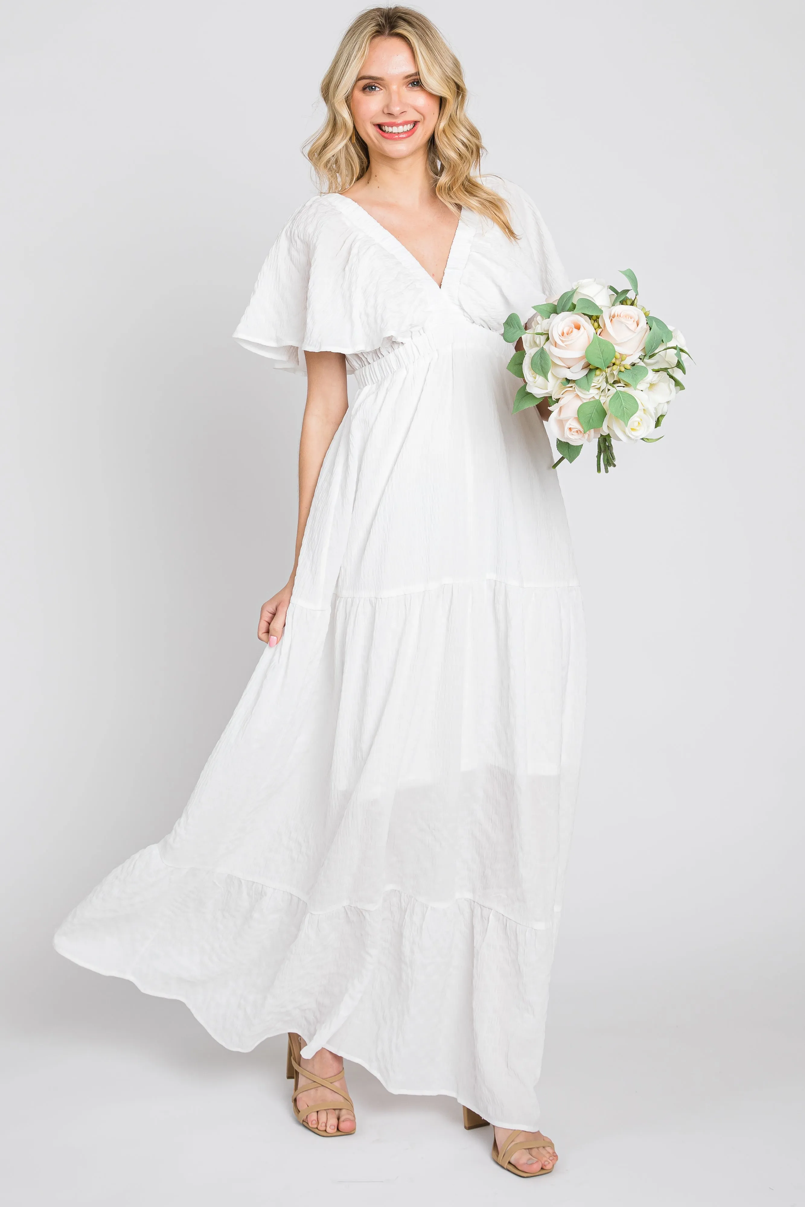 White Crepe Flounce Sleeve Tiered Maxi Dress sold by Pinkblush