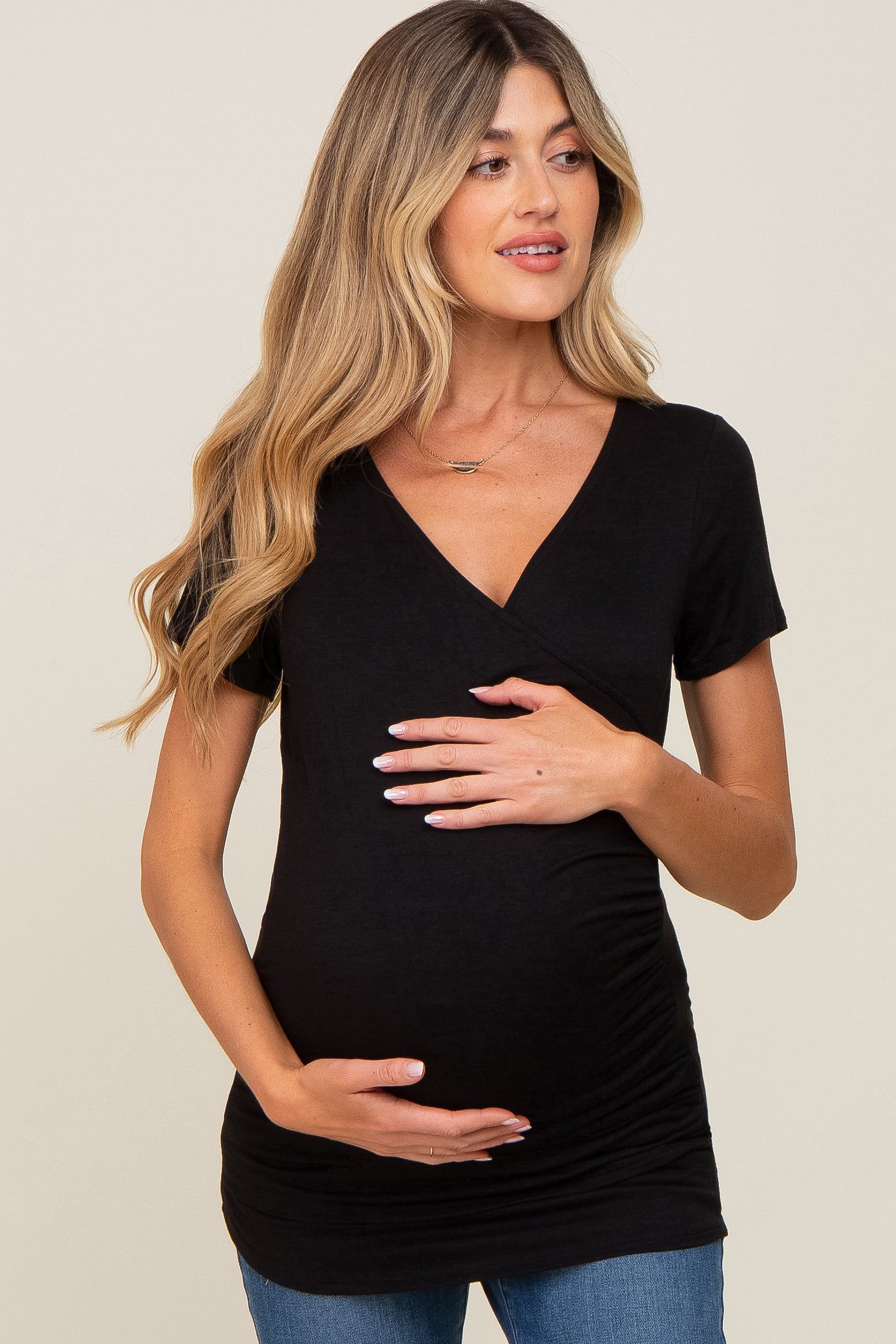 Black Wrap Front Maternity/Nursing Top sold by Pinkblush
