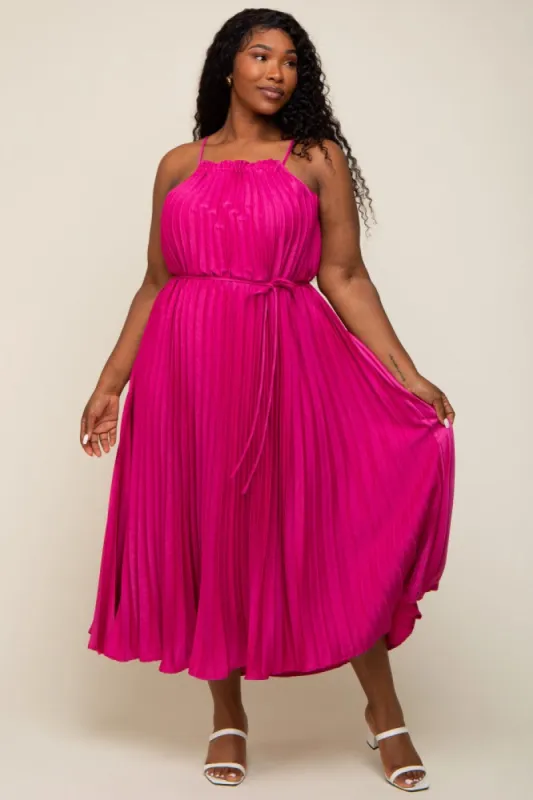 Fuchsia Pleated Sleeveless Waist Tie Plus Maxi Dress sold by Pinkblush